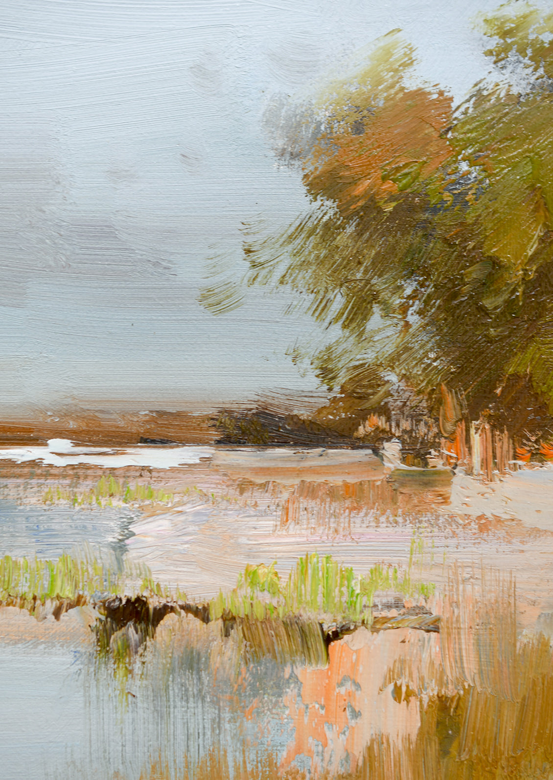 An original oil painting of a blue sky with blue inlet and grassy shore.
