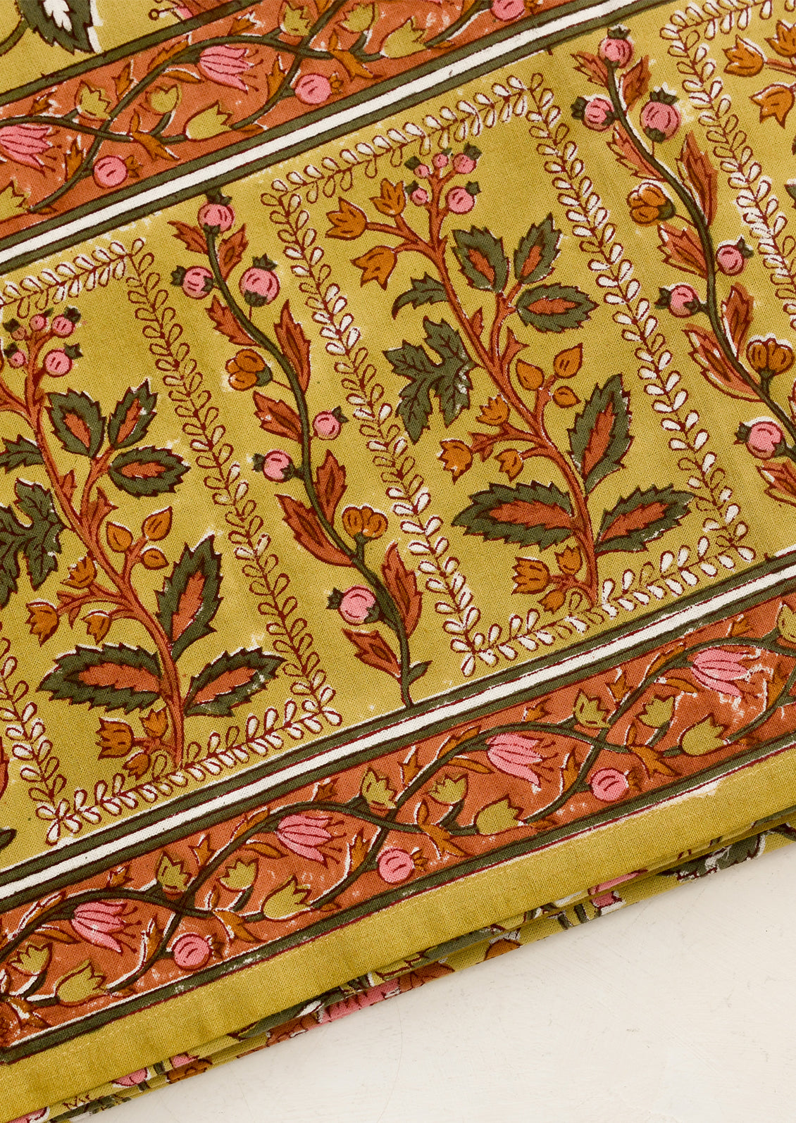Decorative tablecloth with floral patterns.