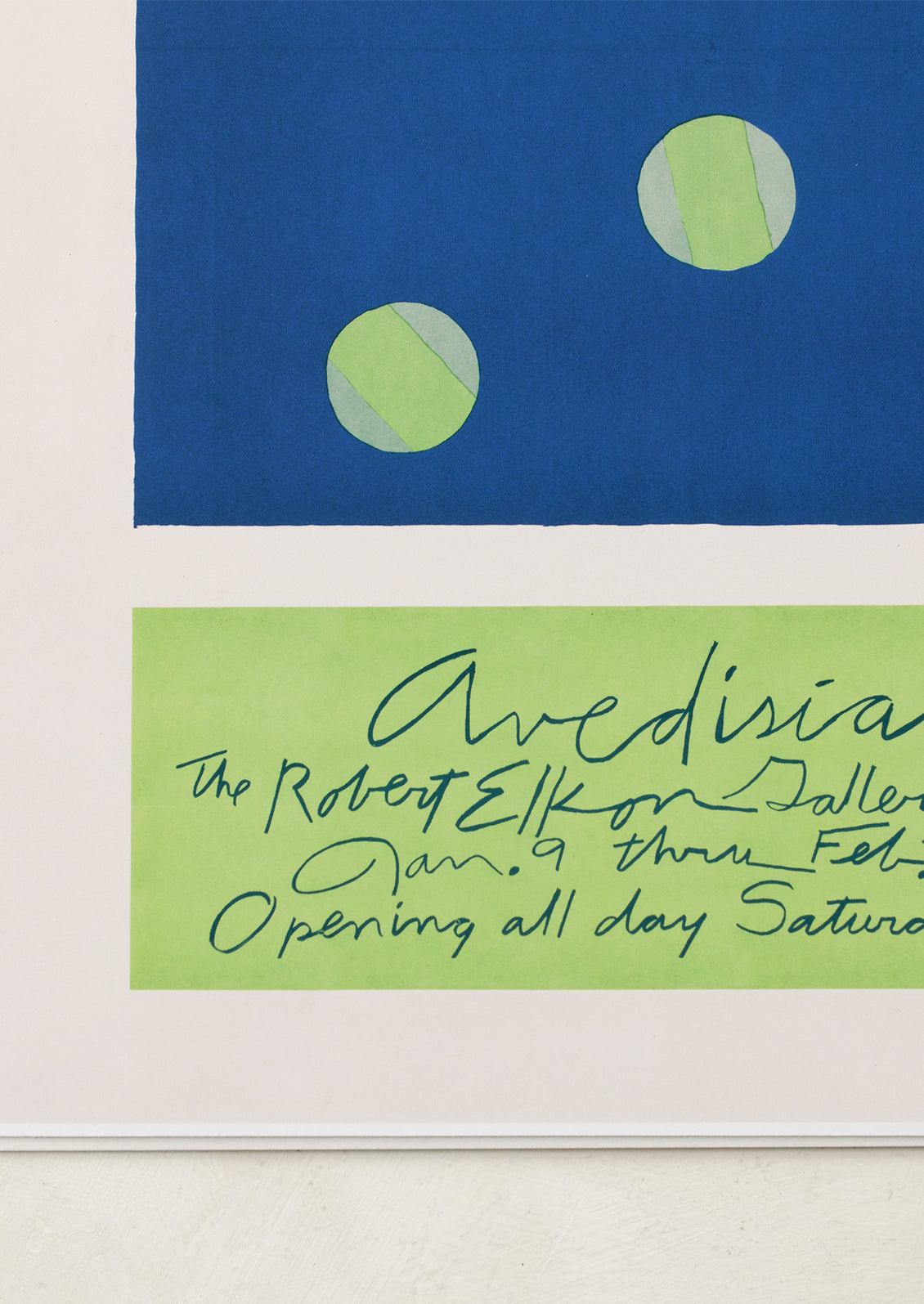 An art print in blue and green resembling vintage art exhibition poster.