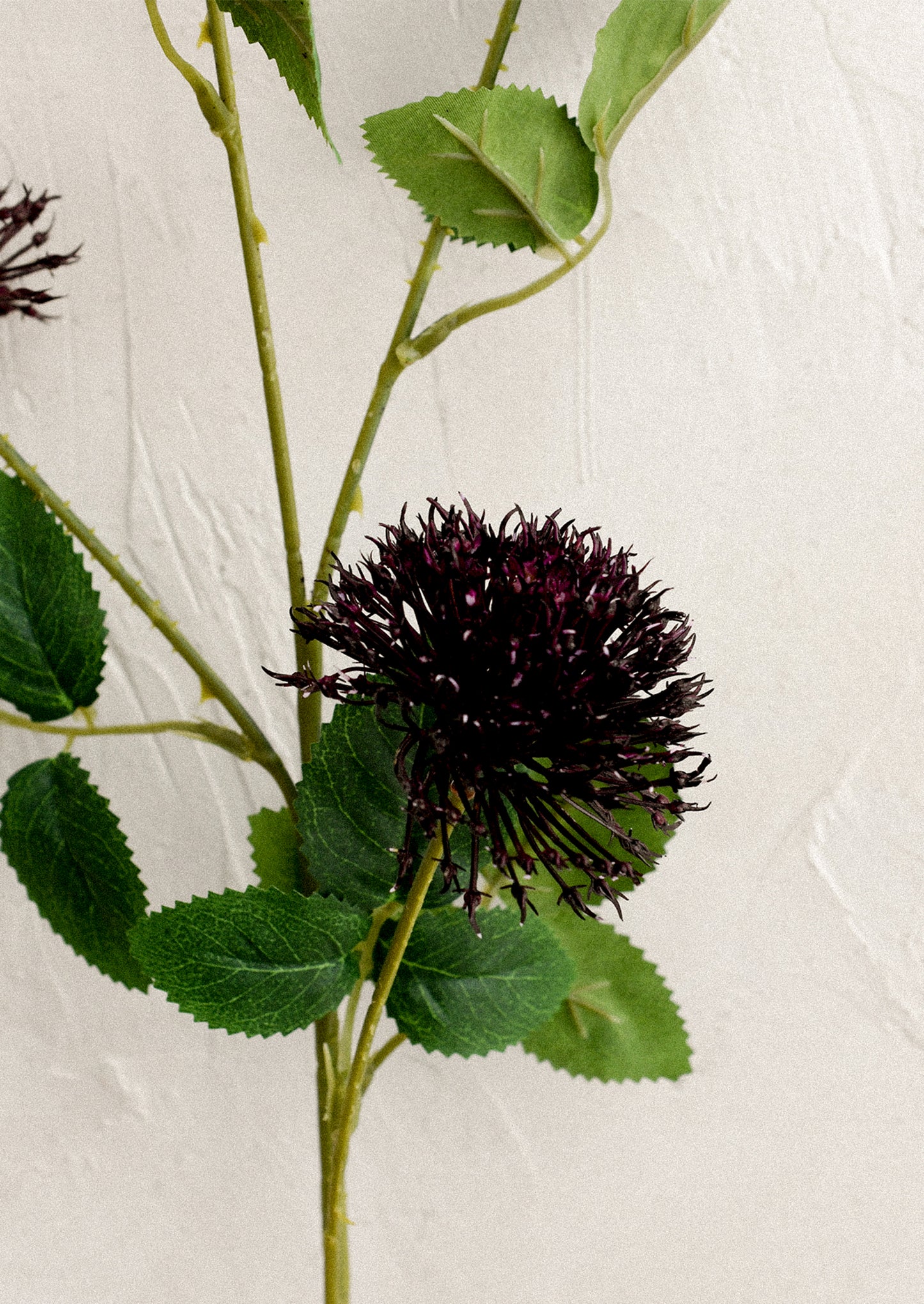 A faux flower spray in the likeness of a globe thistle plant, in dark purple.