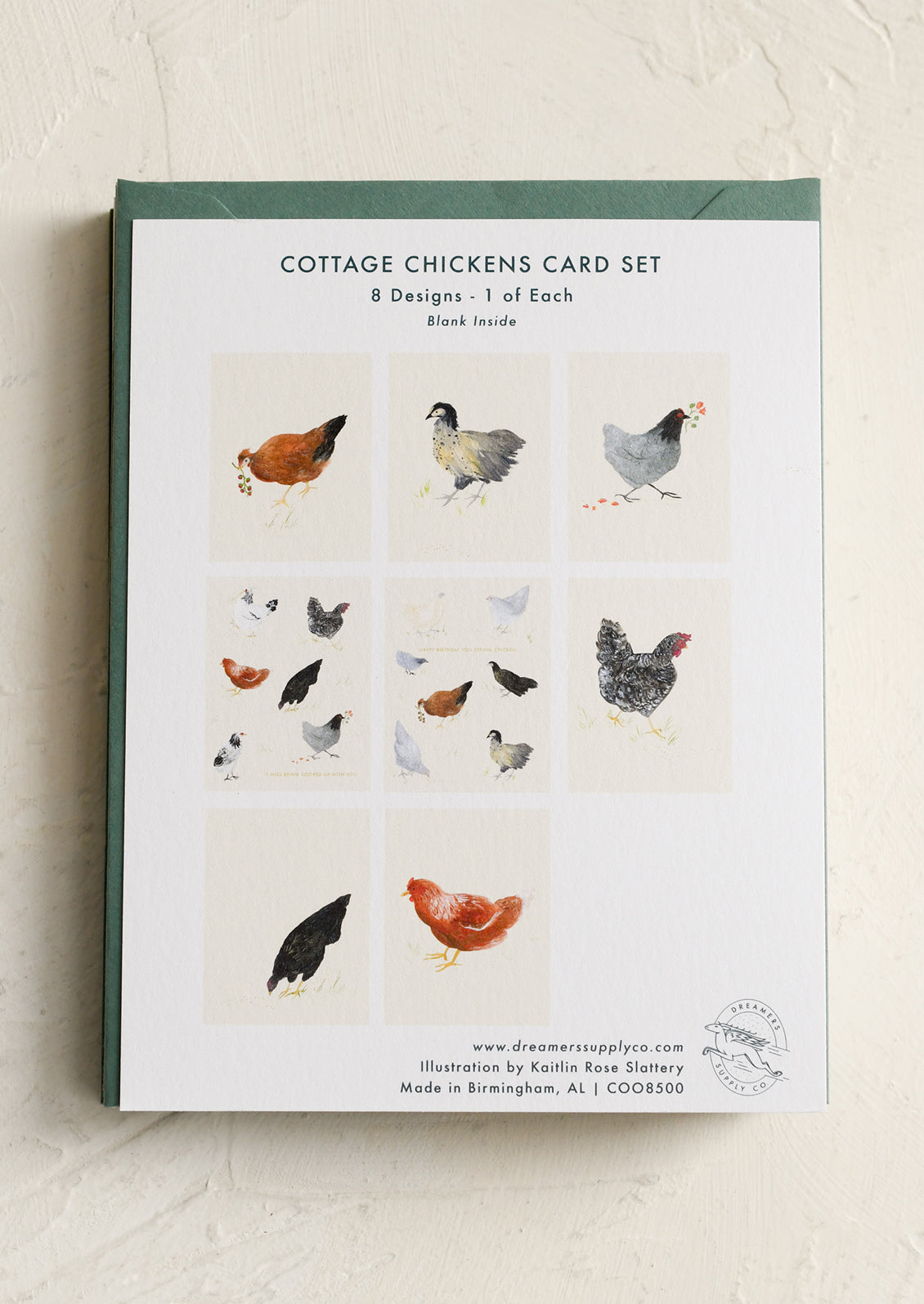 A set of greeting cards with illustrated chicken theme.