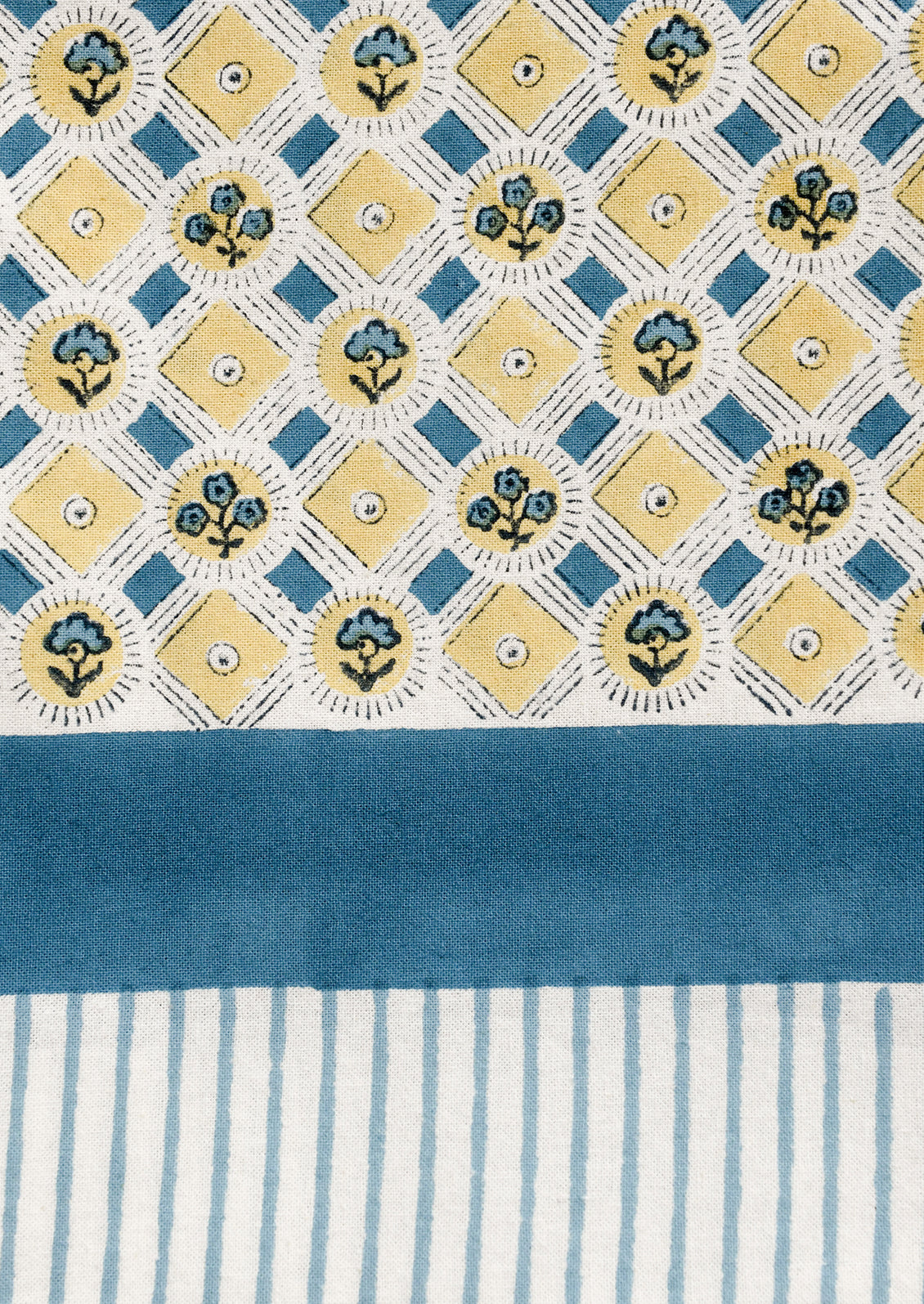 A tablecloth in blue and yellow floral print with striped border.