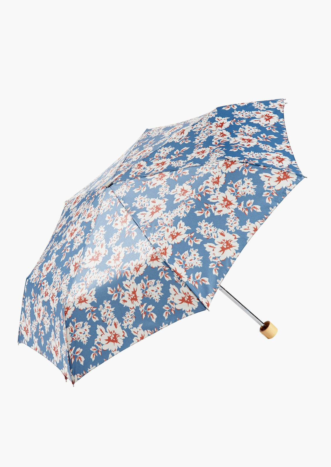 A light blue and red floral print umbrella.
