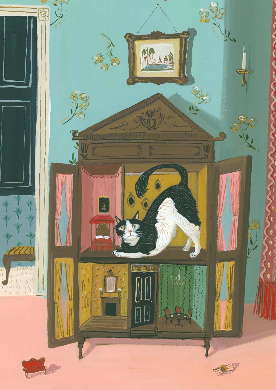 Illustration of a cat inside a dollhouse with a colorful room background