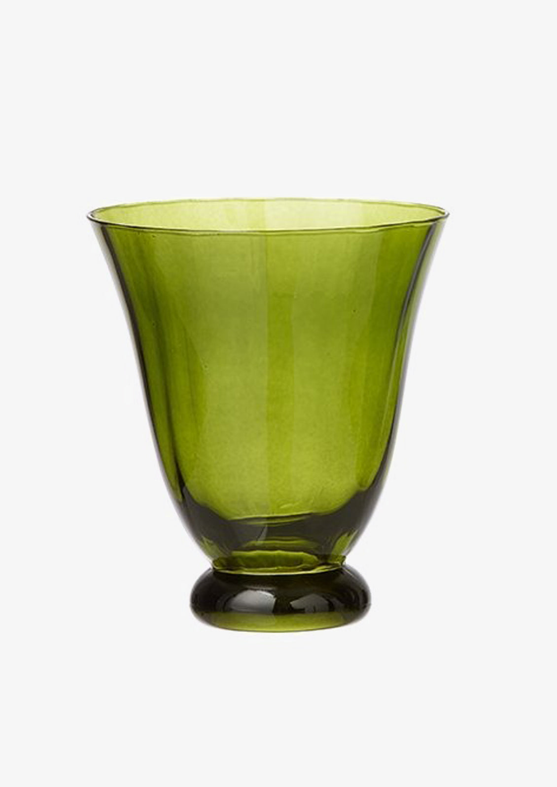 A footed water glass in olive green tint.