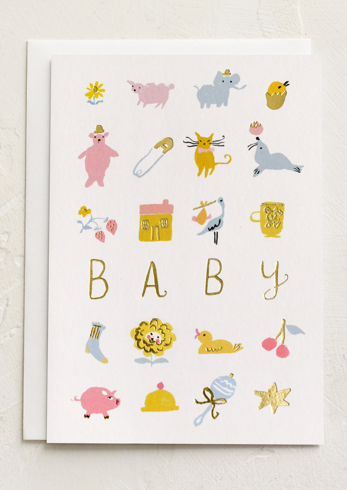 A greeting card with pastel icons, text reads "BABY".