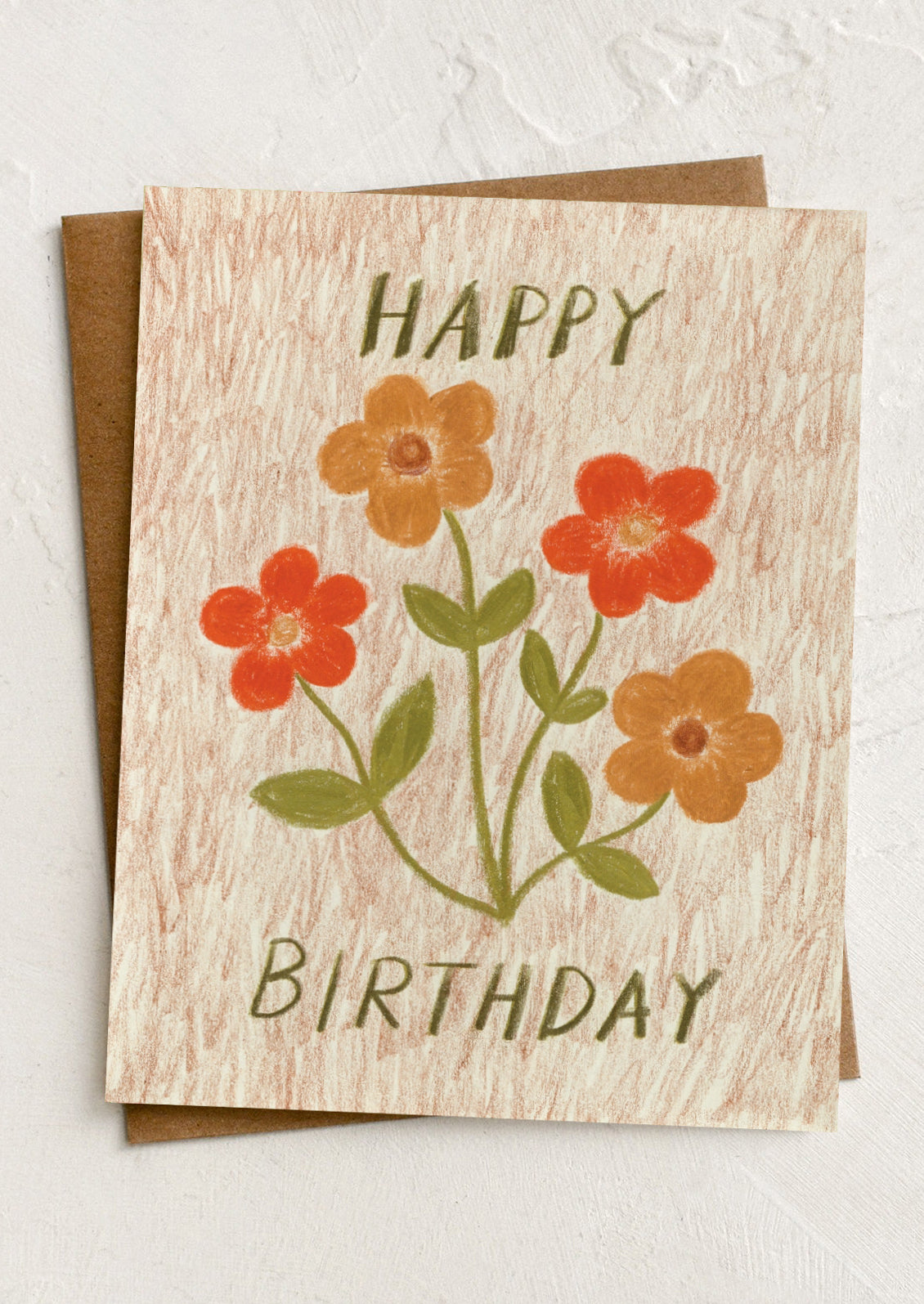 Birthday card with floral design and 'Happy Birthday' text on a textured surface