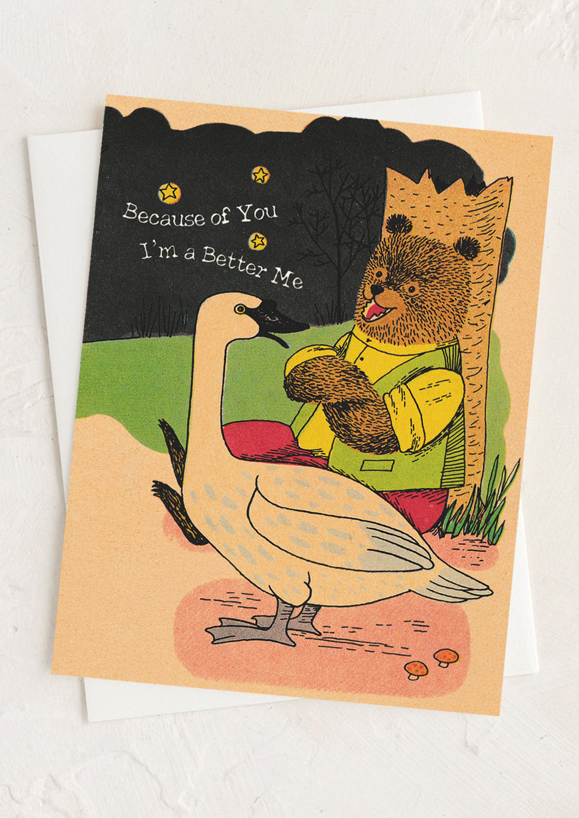 Card with a bear and goose illustration and text on a white background