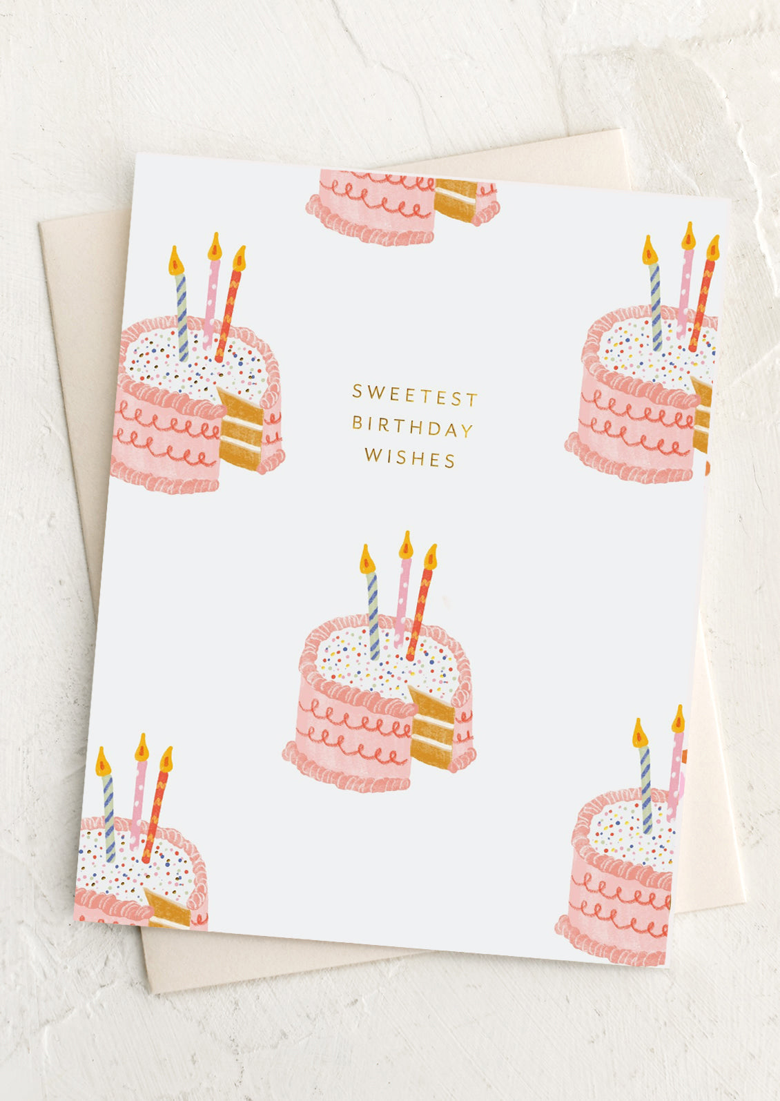 A birthday cake illustrated card, text reads "Sweetest birthday wishes".