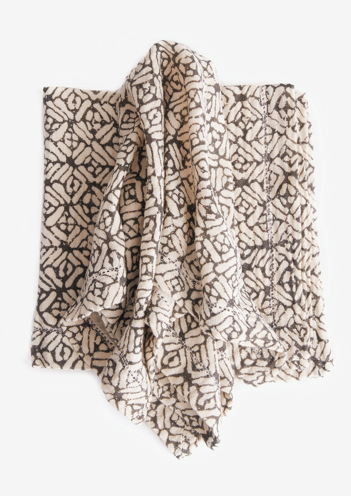 A pair of grey and cream patterned napkins.