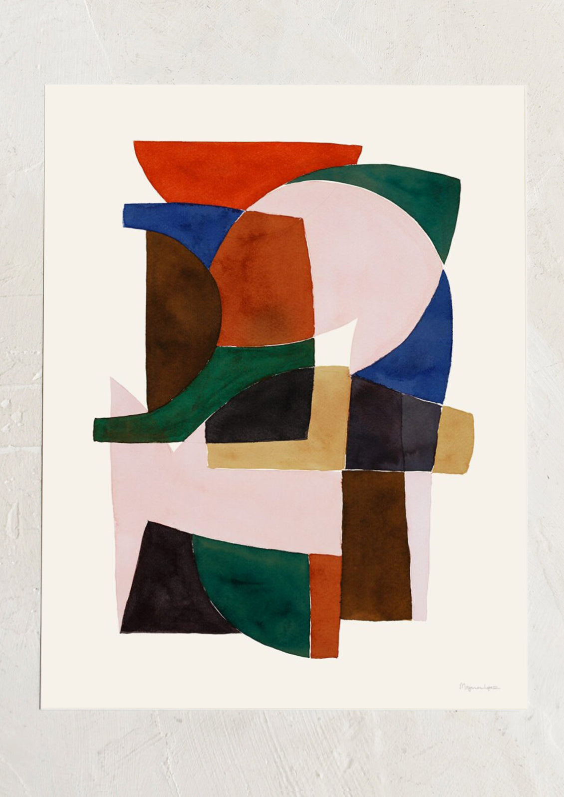 Abstract art piece with geometric shapes in various colors on a light background