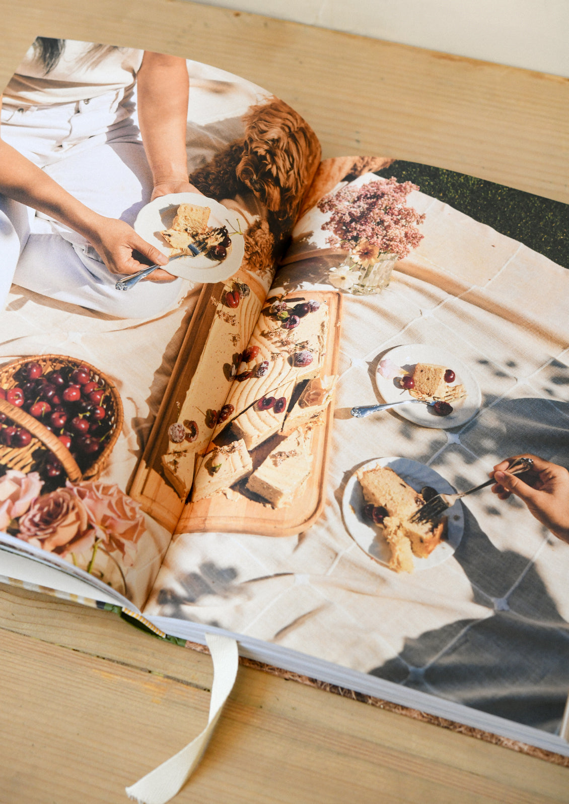 An open cookboook showing a photo of people and a dog at a picnic eating cake.