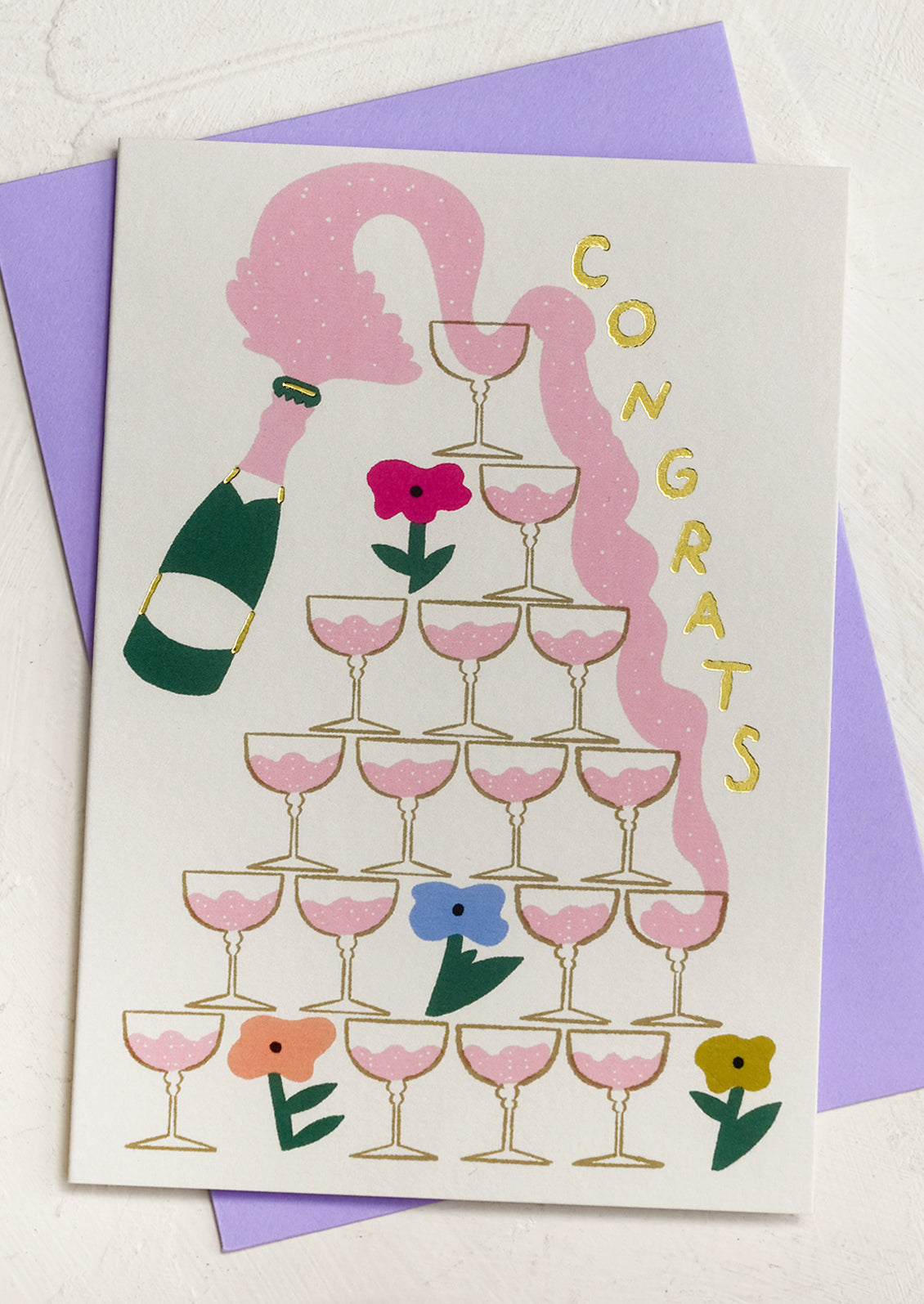 A greeting card with illustration of champagne tower text reading "Congrats".
