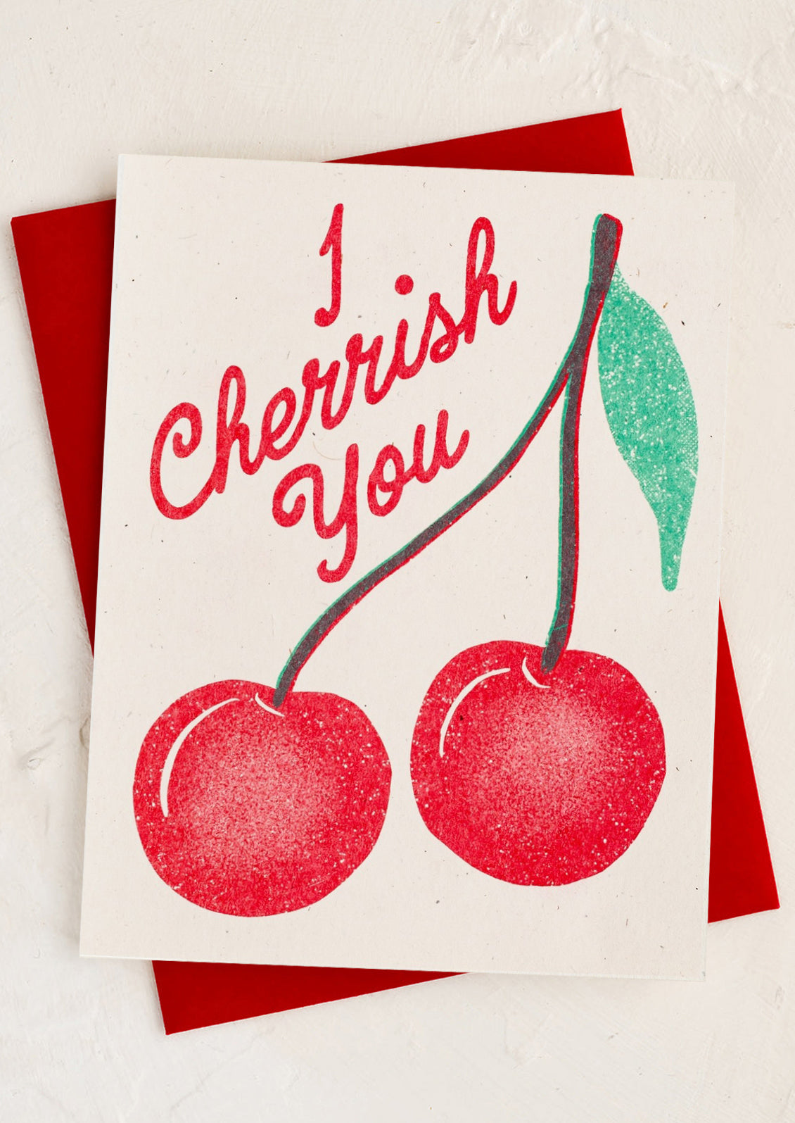 A cherry print card, text reads "I cherrish you".