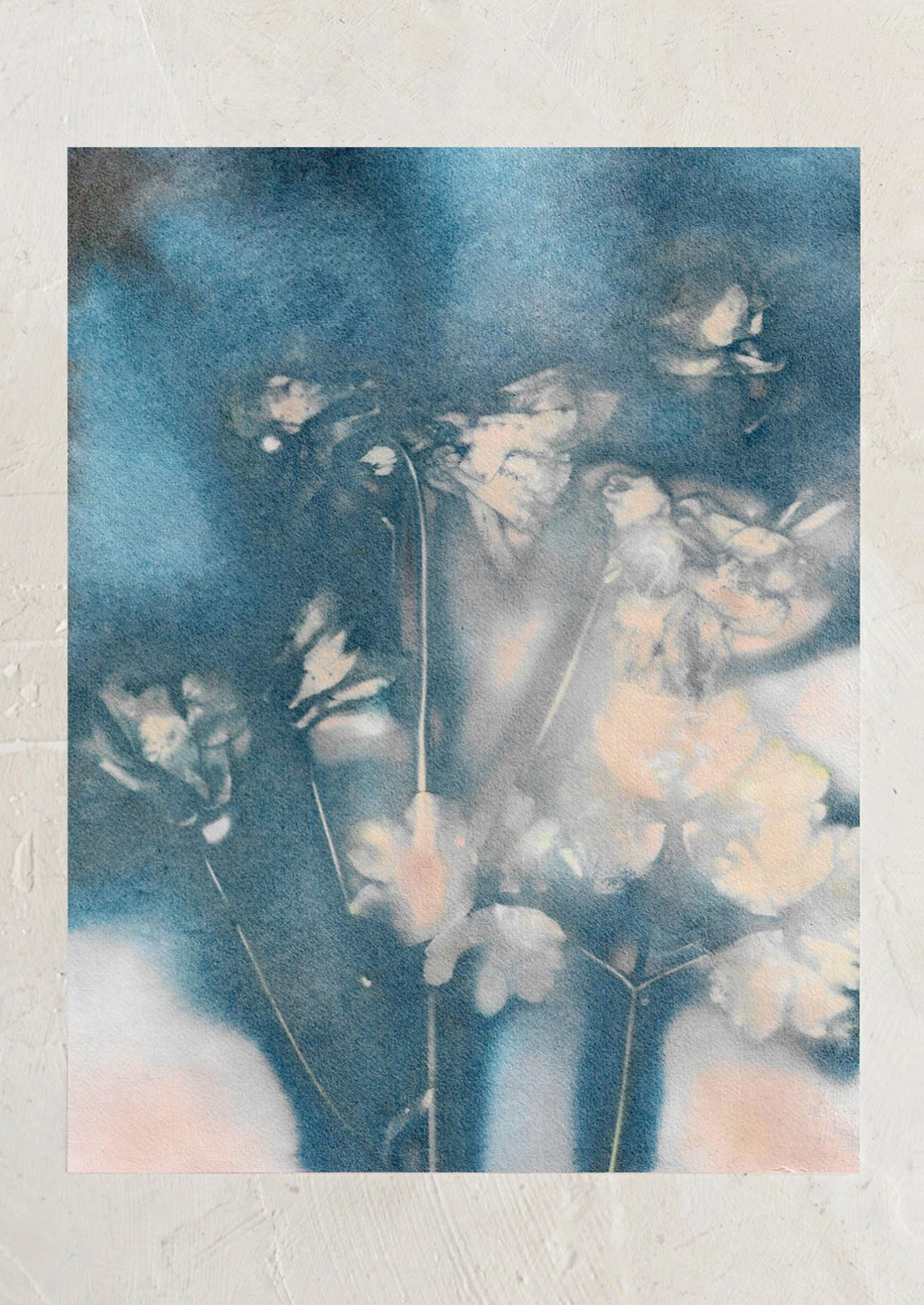 A botanical art print in cyanotype style in shades of blue and pink.