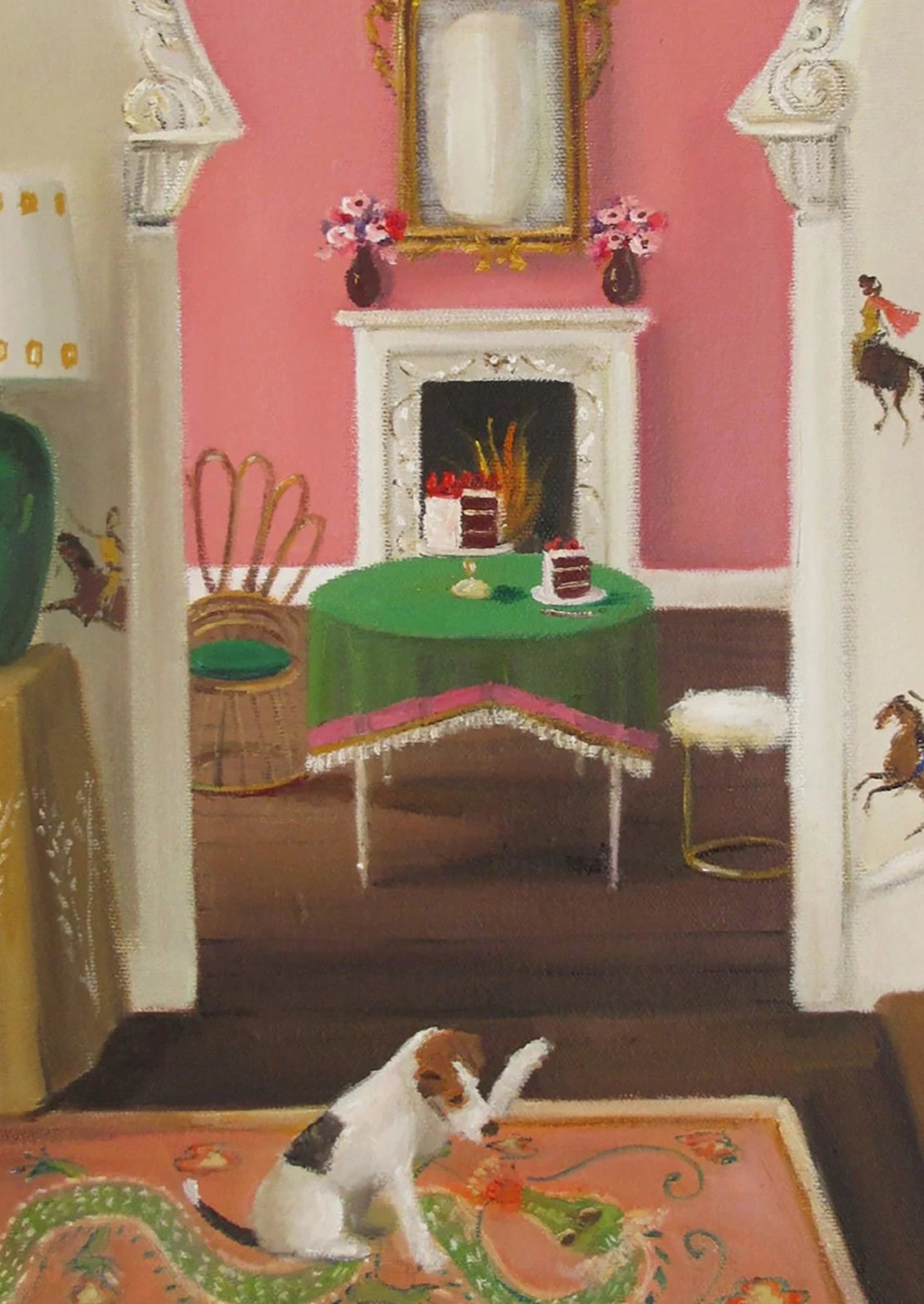 Art print of colorful interior scene with a dog, staircase, table, and decorative elements.
