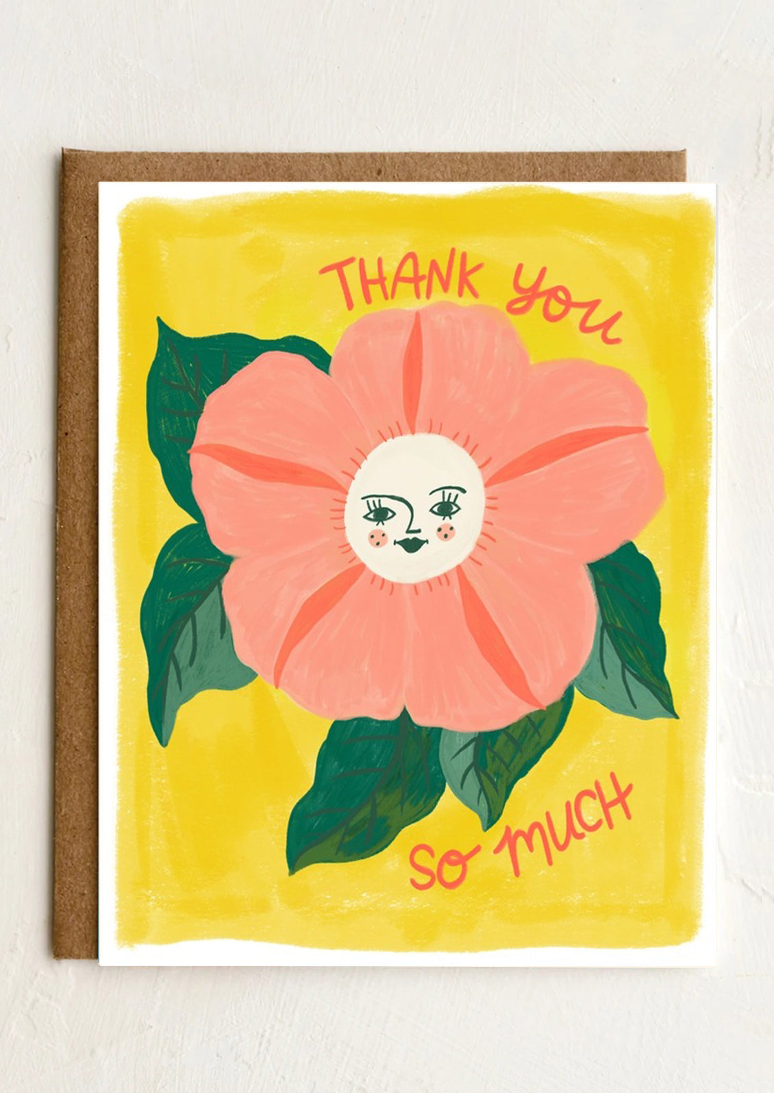 A card illustrated with flower with face at the middle, text reads Thank you so much.