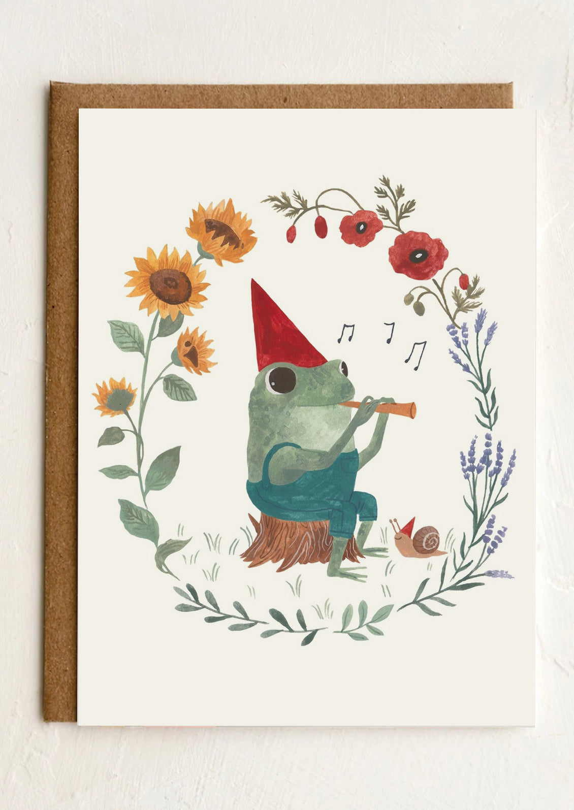 Illustration of a frog wearing a red hat, playing a flute, surrounded by flowers and leaves on a white background.