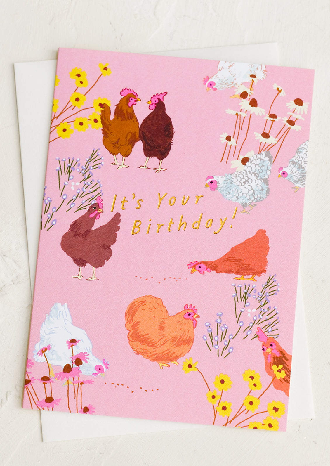 A pink chicken patterned card reading "It's your birthday!".