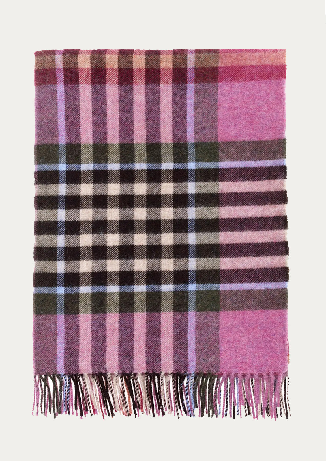 A plaid throw blanket in raspberry and black colorway.