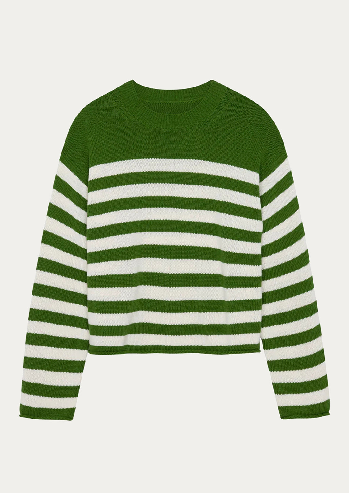 A green cotton sweater with white stripes.
