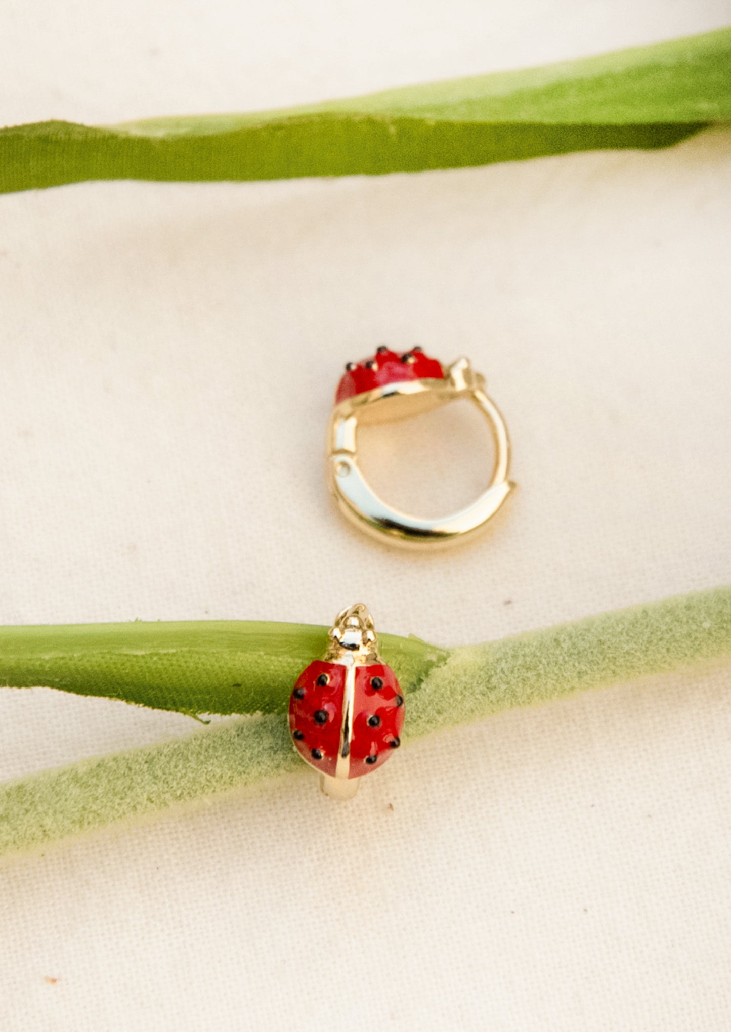 A pair of hoop earrings with ladybugs on them.