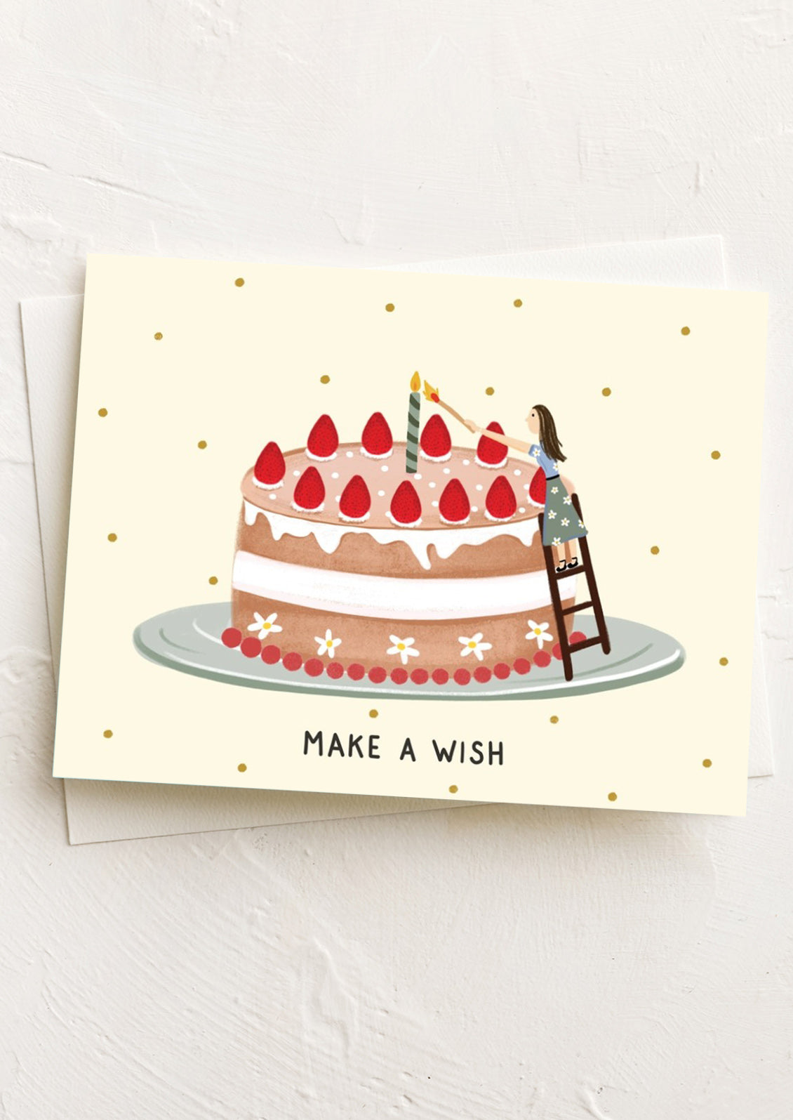 Greeting card with illustration of a birthday cake and person on a ladder, text 'Make a Wish', on a white background.