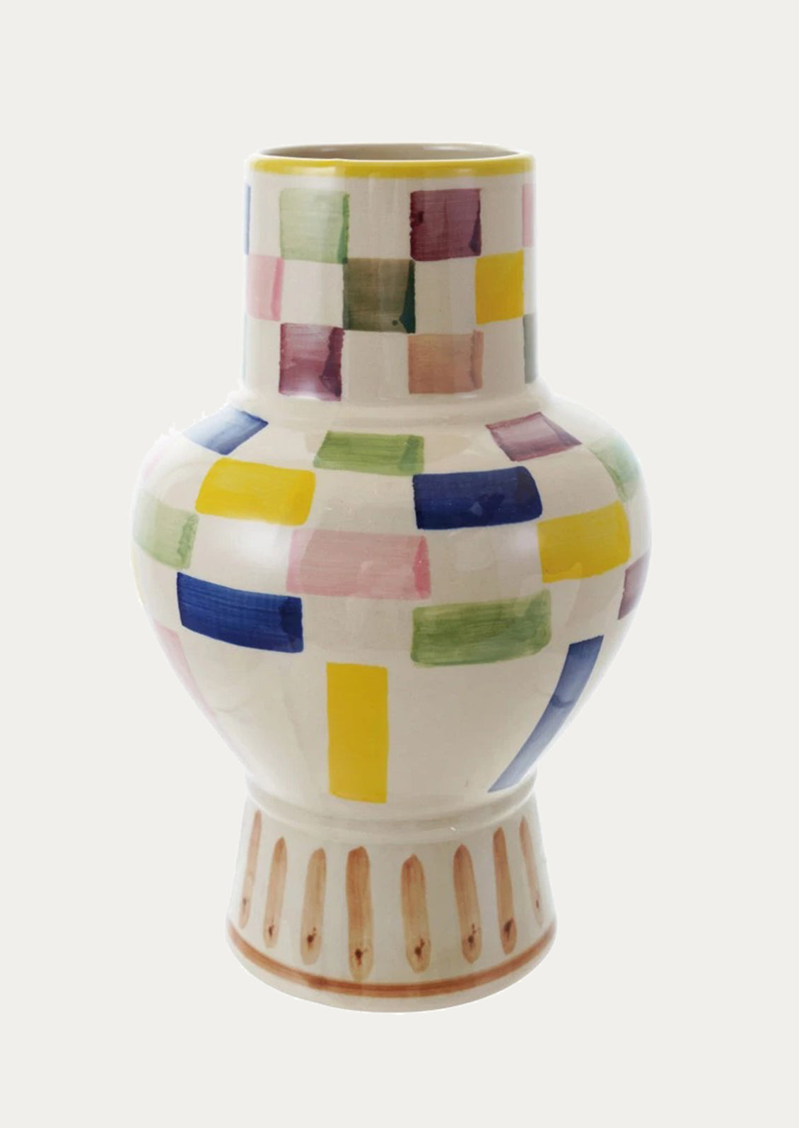 Decorative vase with colorful geometric pattern on a white background