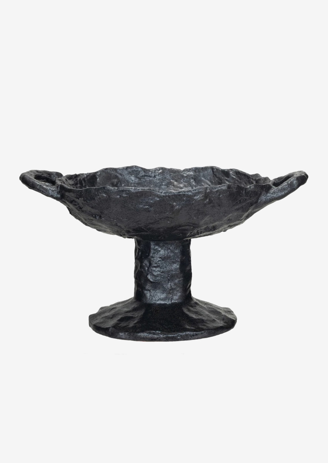 A footed ceramic bowl in black with side handles at top.