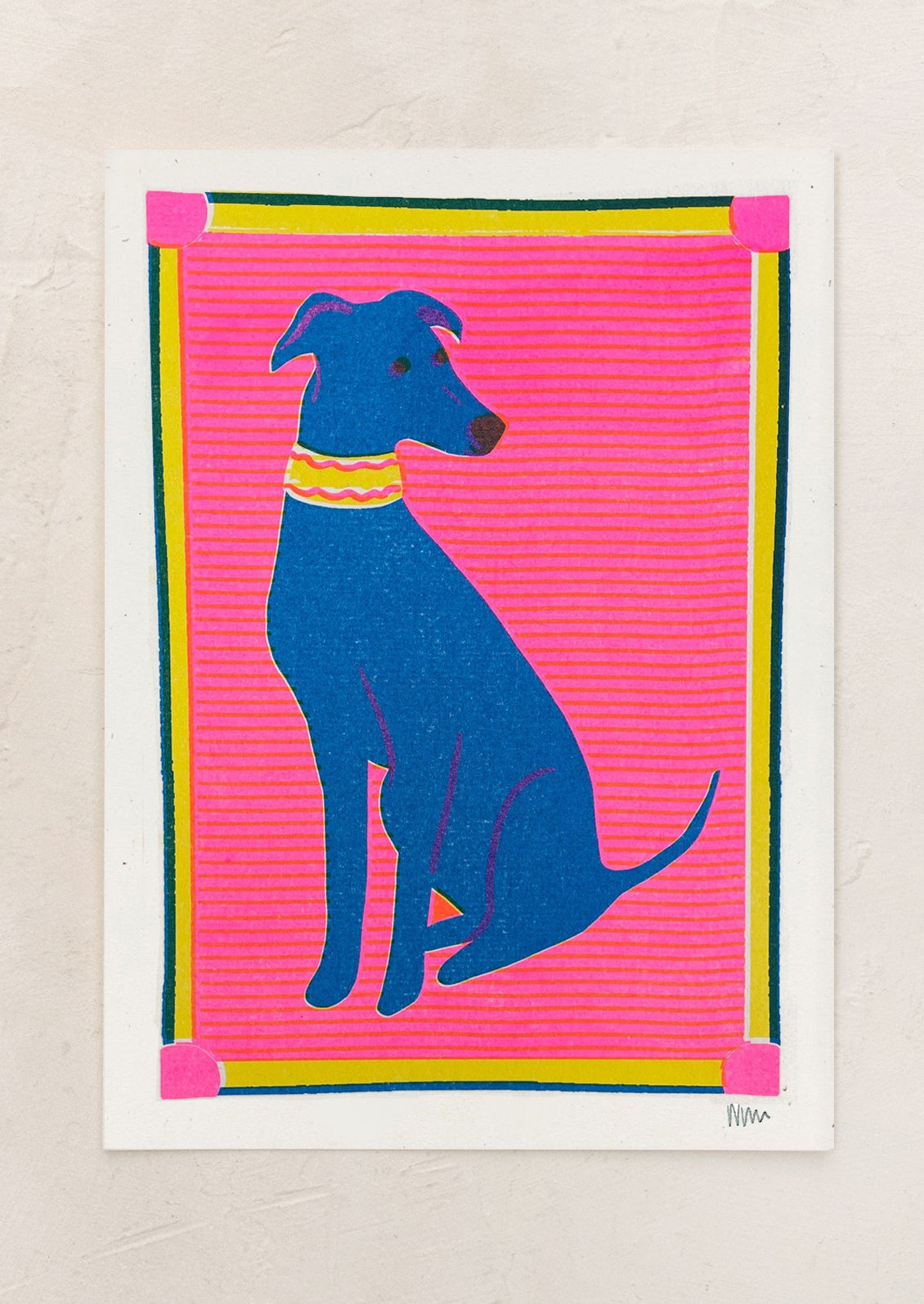 A risograph art print of a blue greyhound on striped neon pink background.