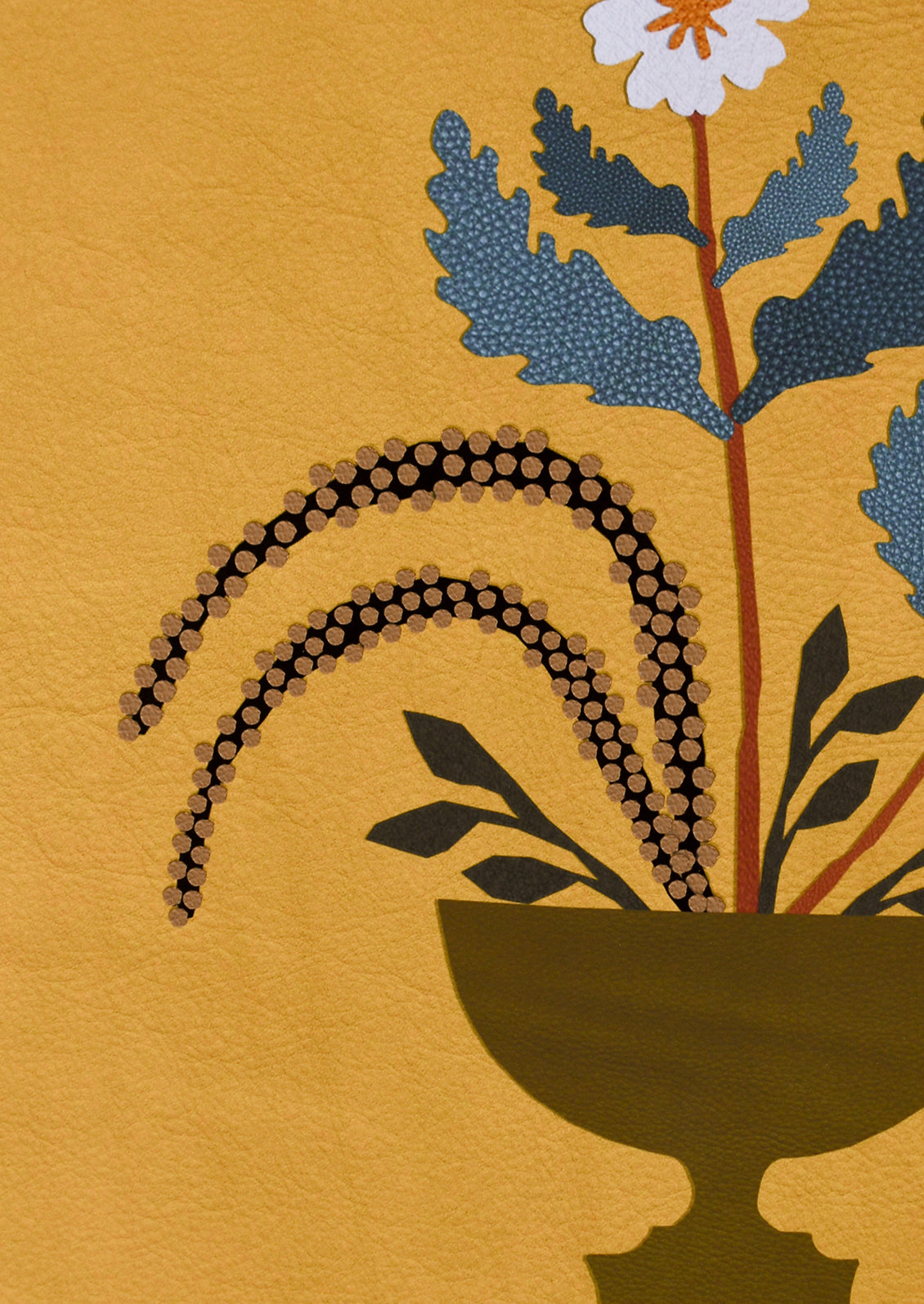 An art print of a paper cut collage flower arrangement on textured ochre background.