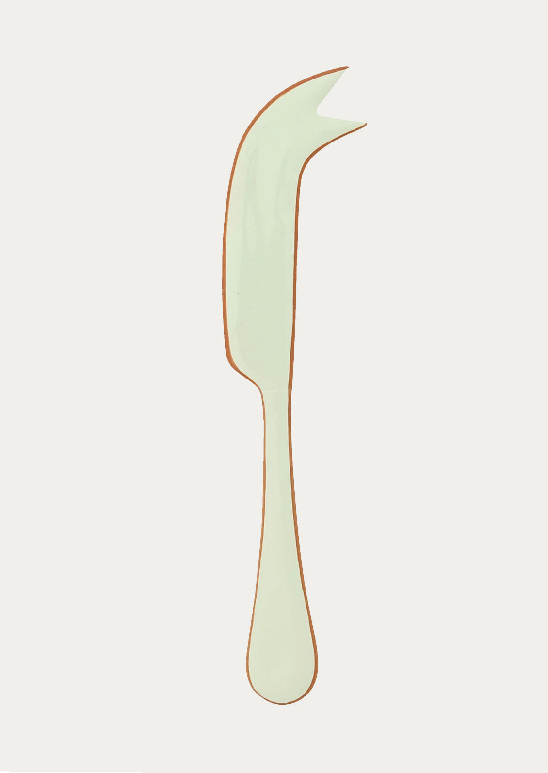 A pronged cheese knife in mint green with coral edging.