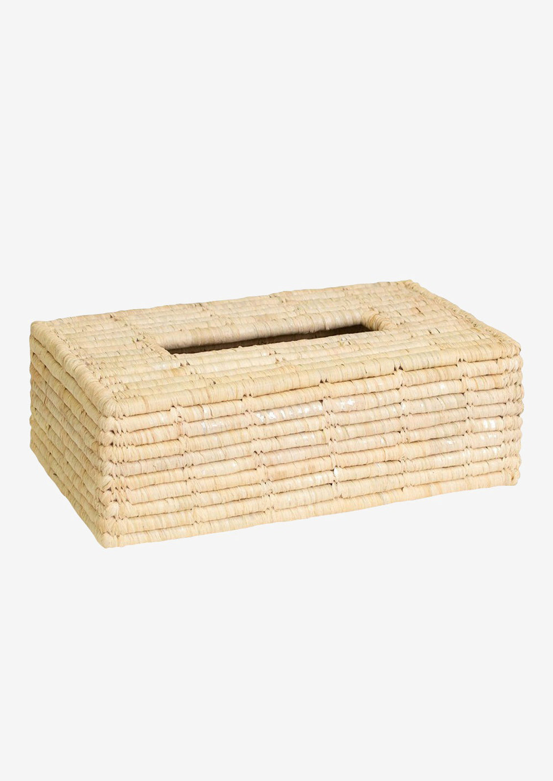 An oblong raffia tissue box cover.