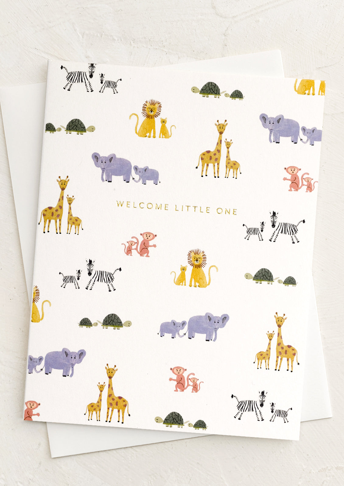 A greeting with baby animals print reading "Welcome little one".