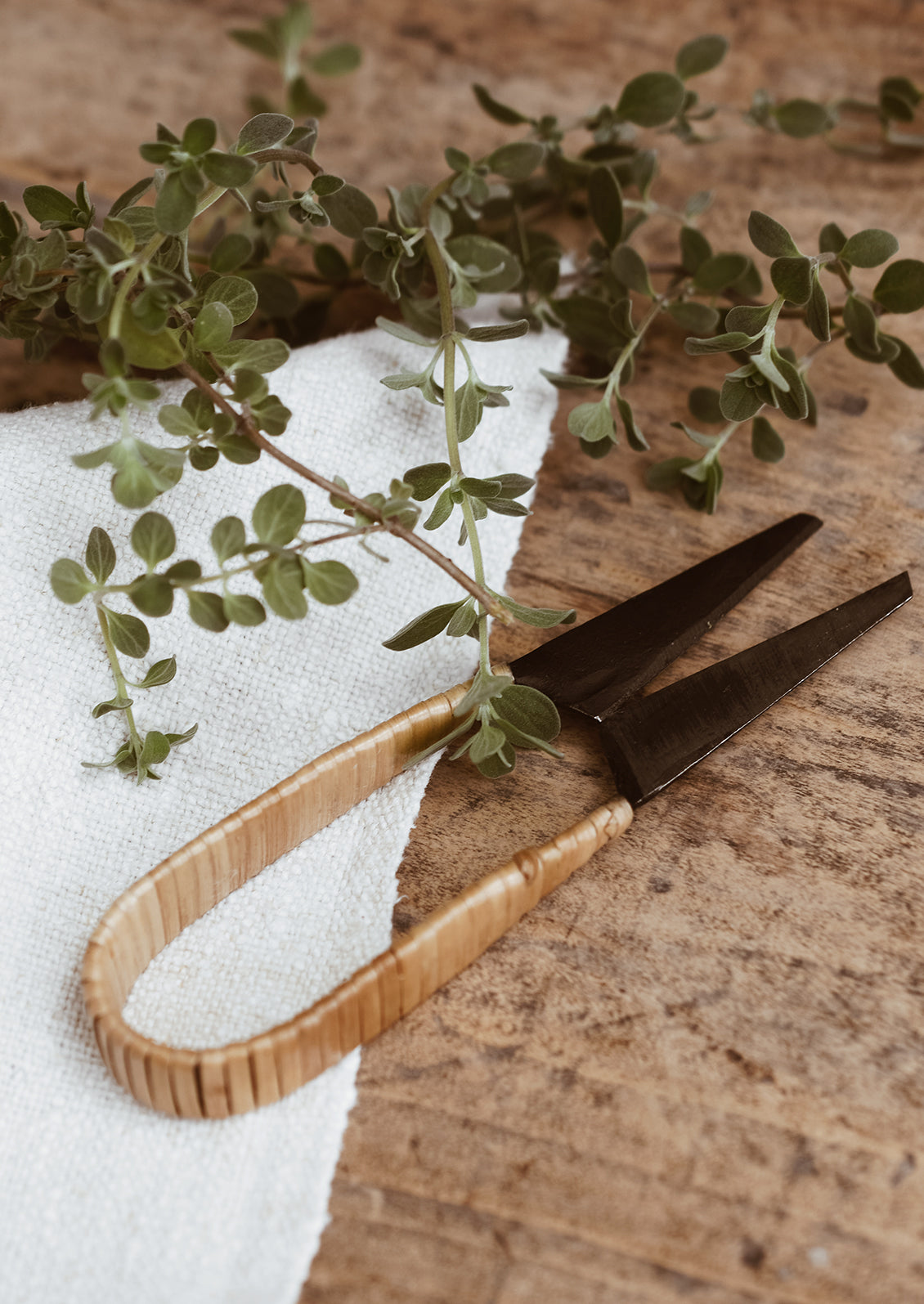 A pair of black iron shears with rattan wrapped handle.