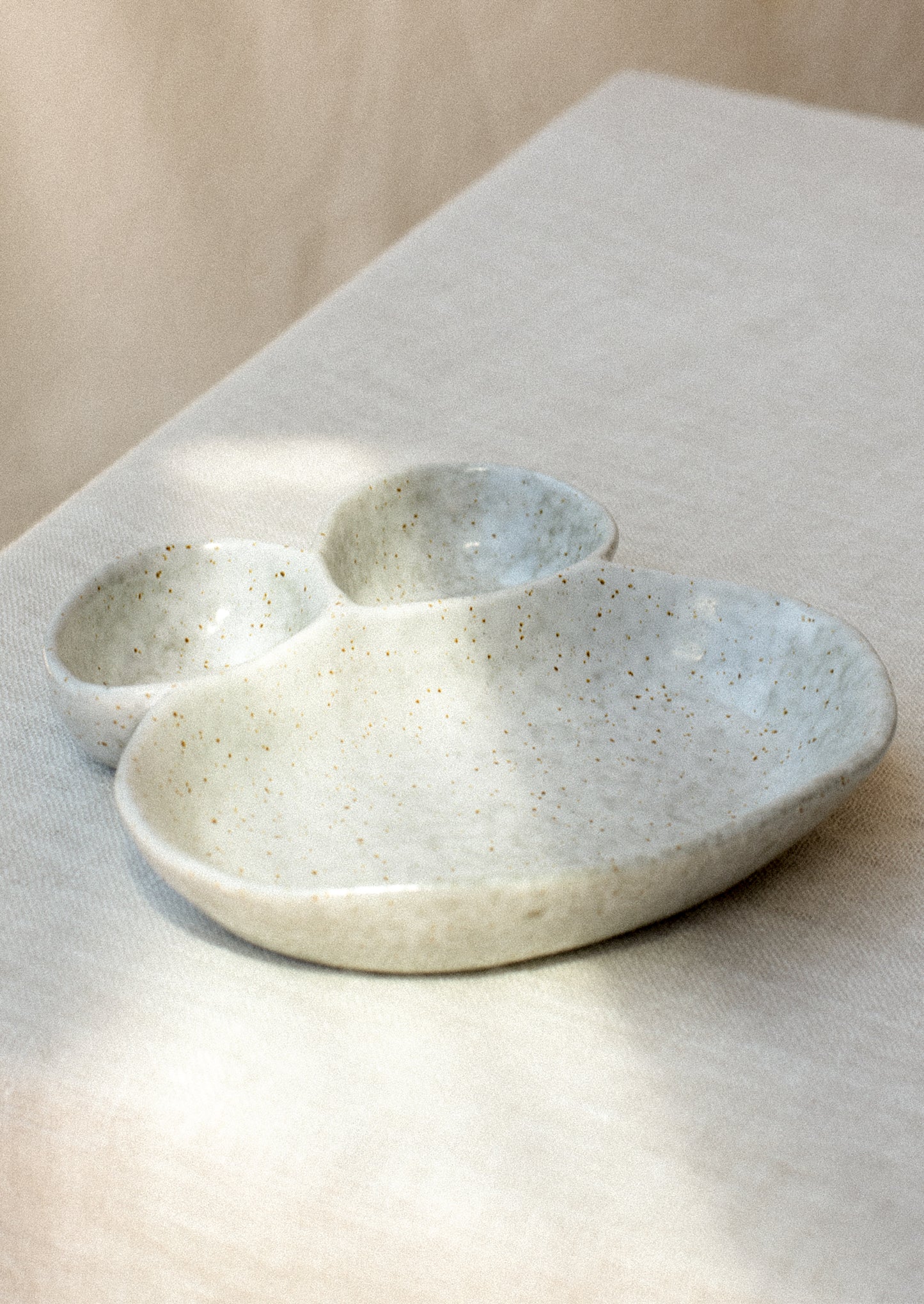 Divided dish with three asymmetrical sections in speckled grey ceramic.