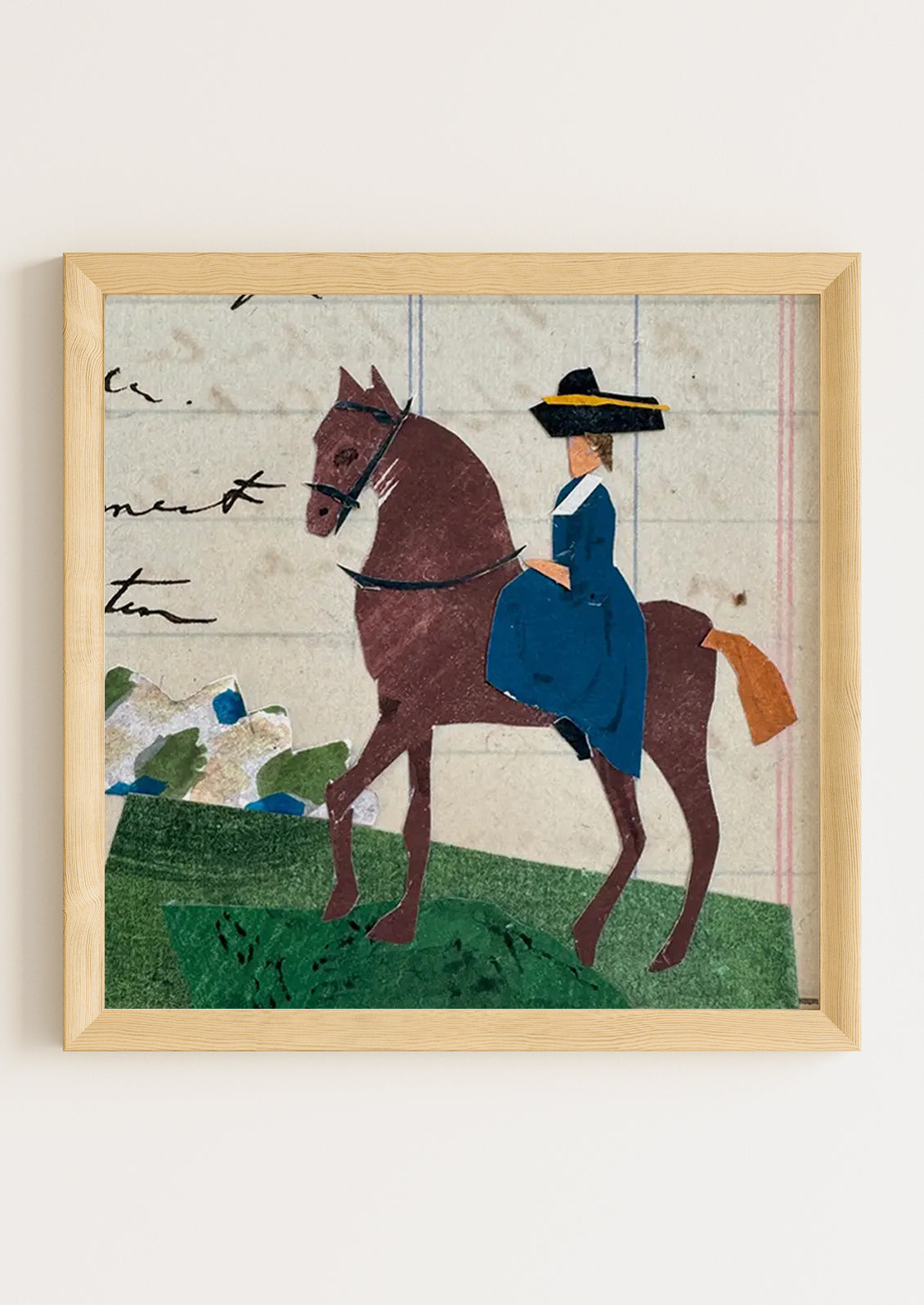 Collage of a person riding a horse with text and decorative elements on a textured background