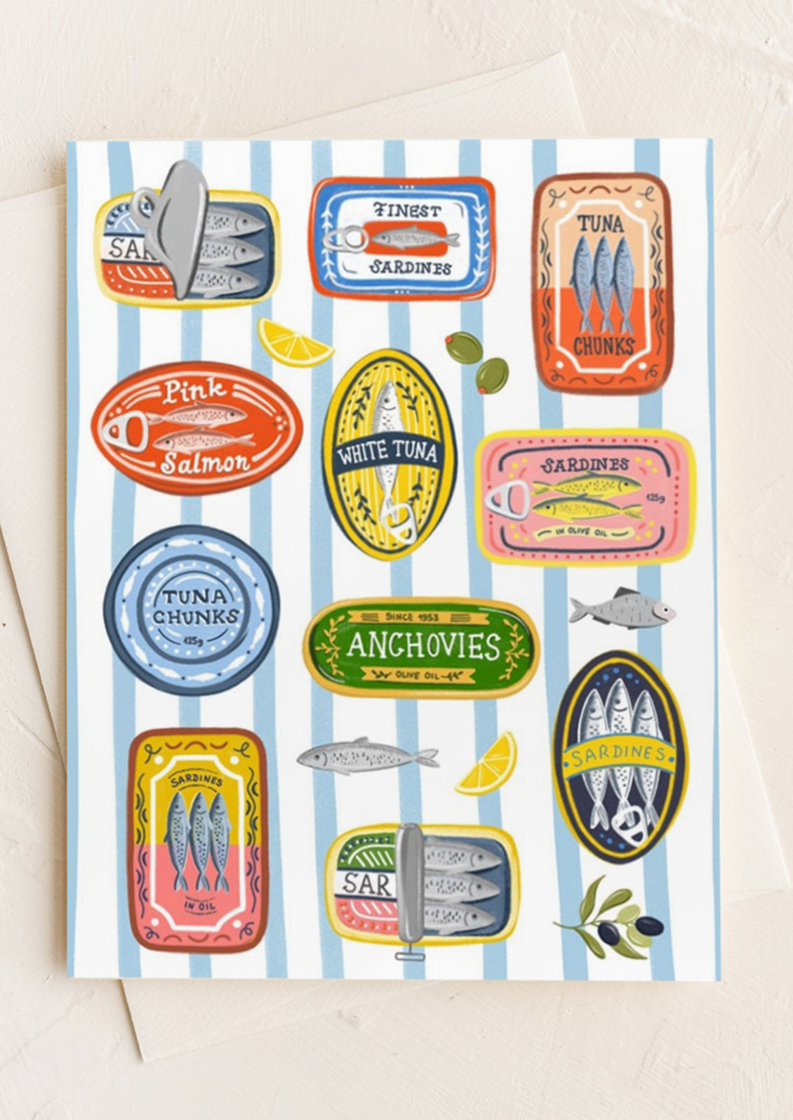 A greeting card with illustration of sardine tins.