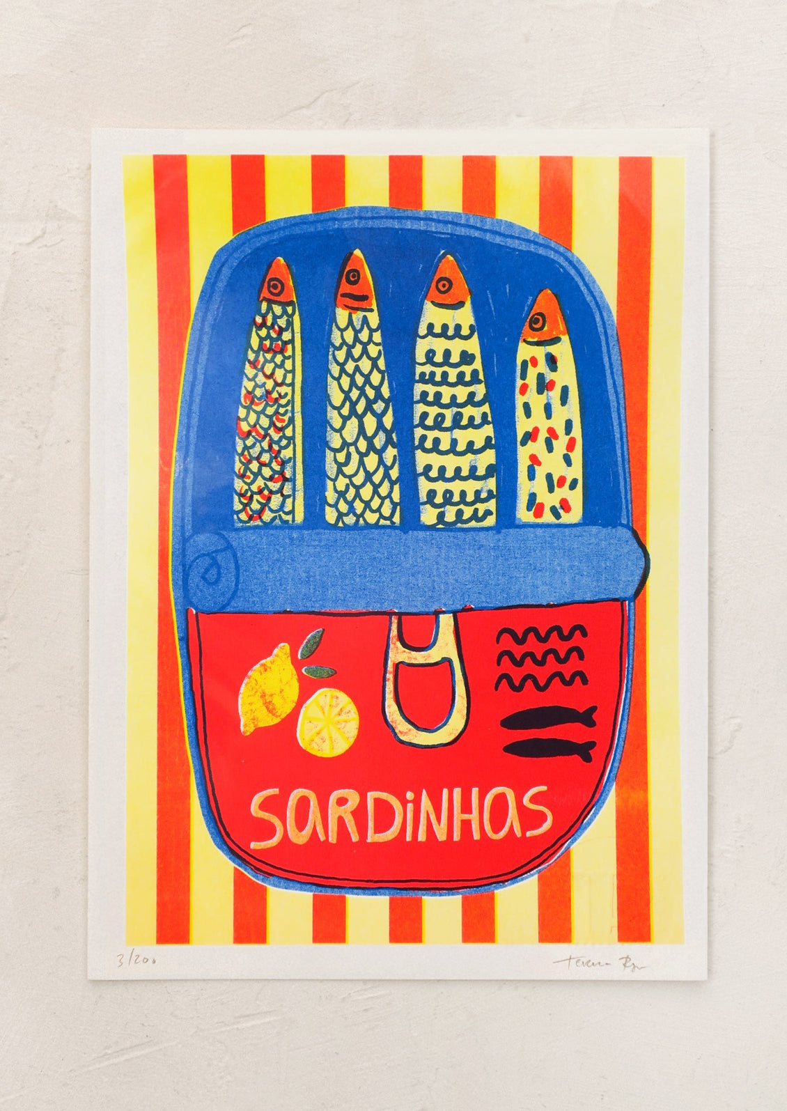 Illustration of a blue and red sardine tin on a yellow and red striped background.
