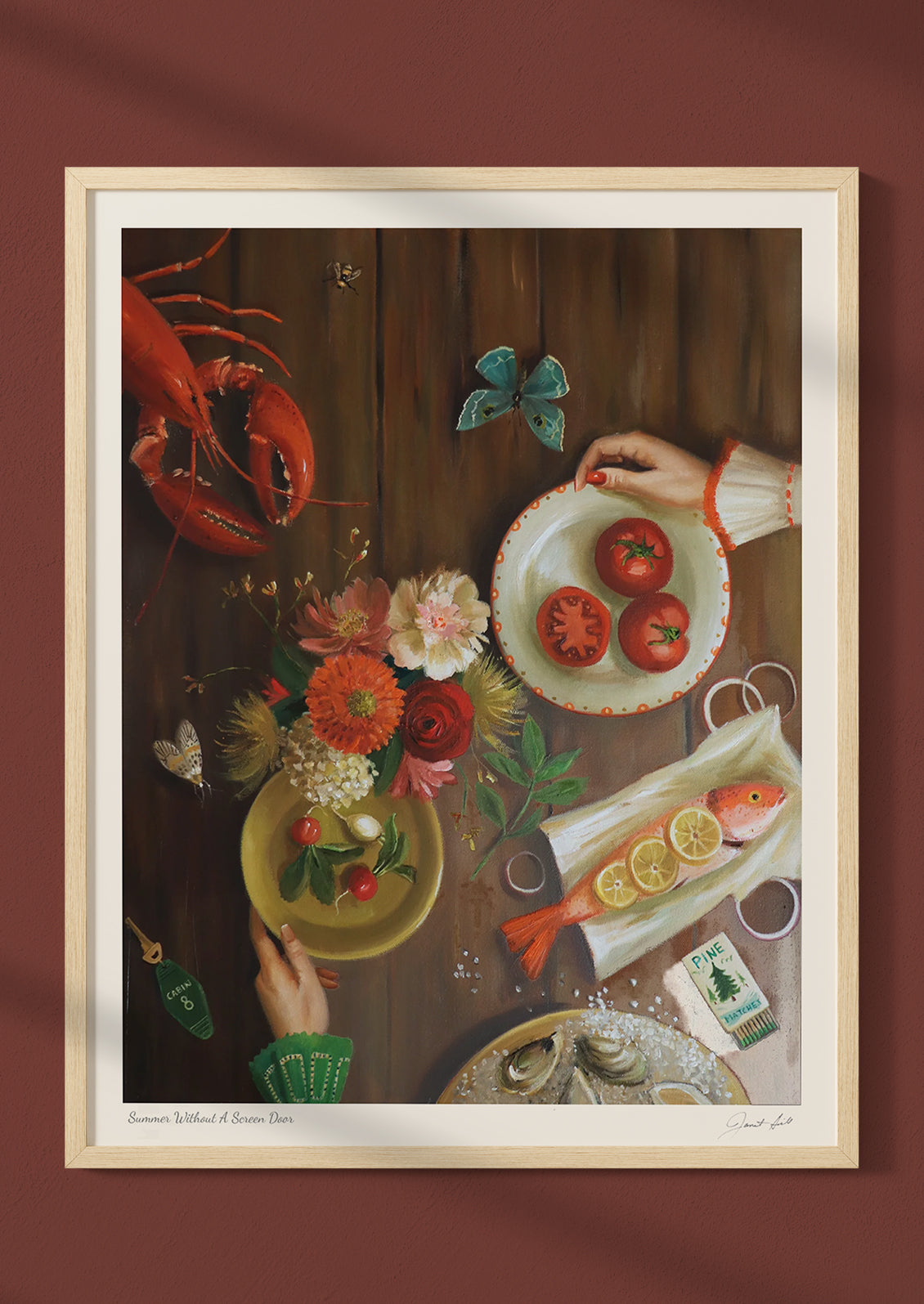 Still life painting with fruits, flowers, and a lobster on a wooden table.