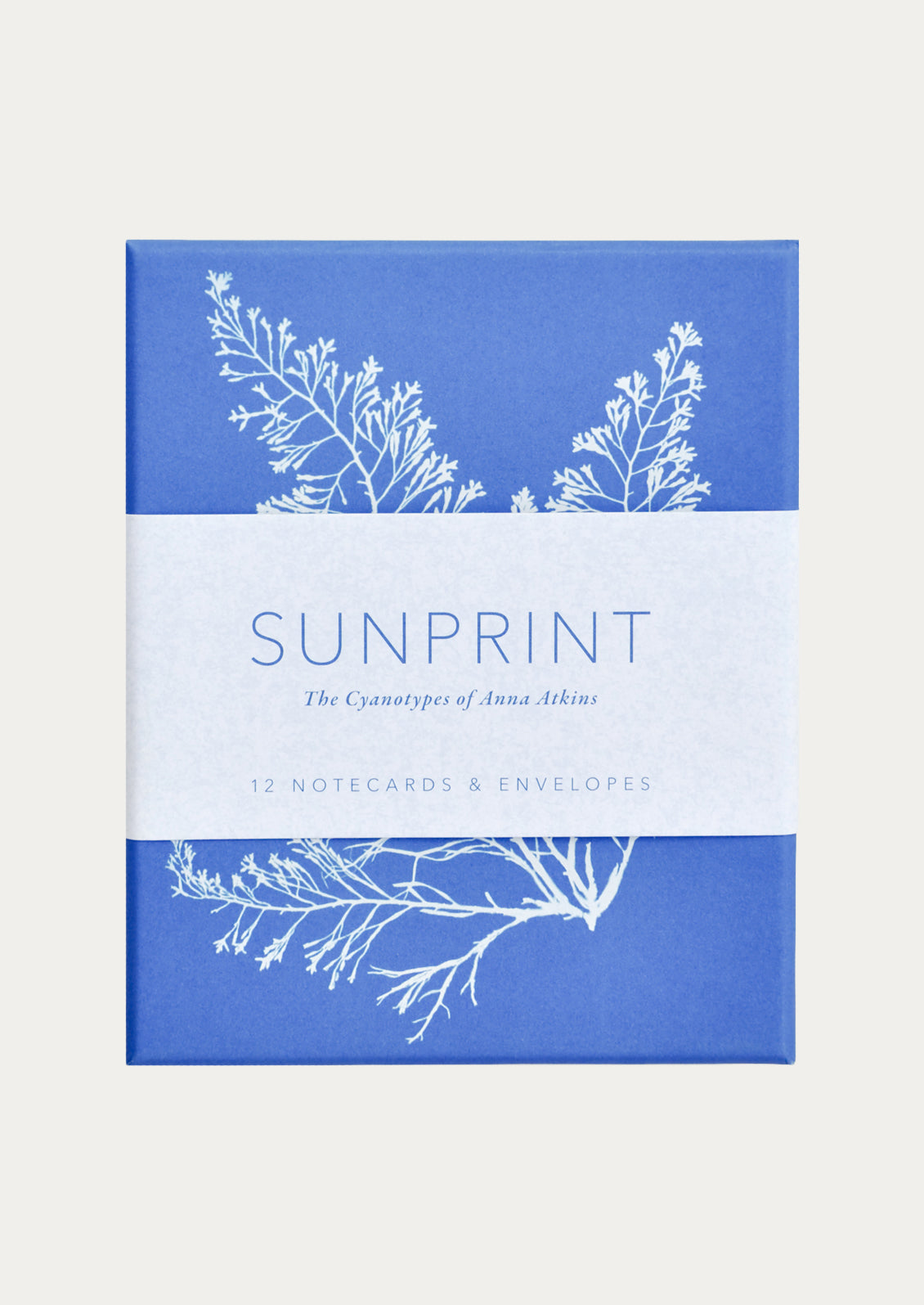 Pack of notecards with white floral designs on a blue background, featuring the brand 'Sunprint'.