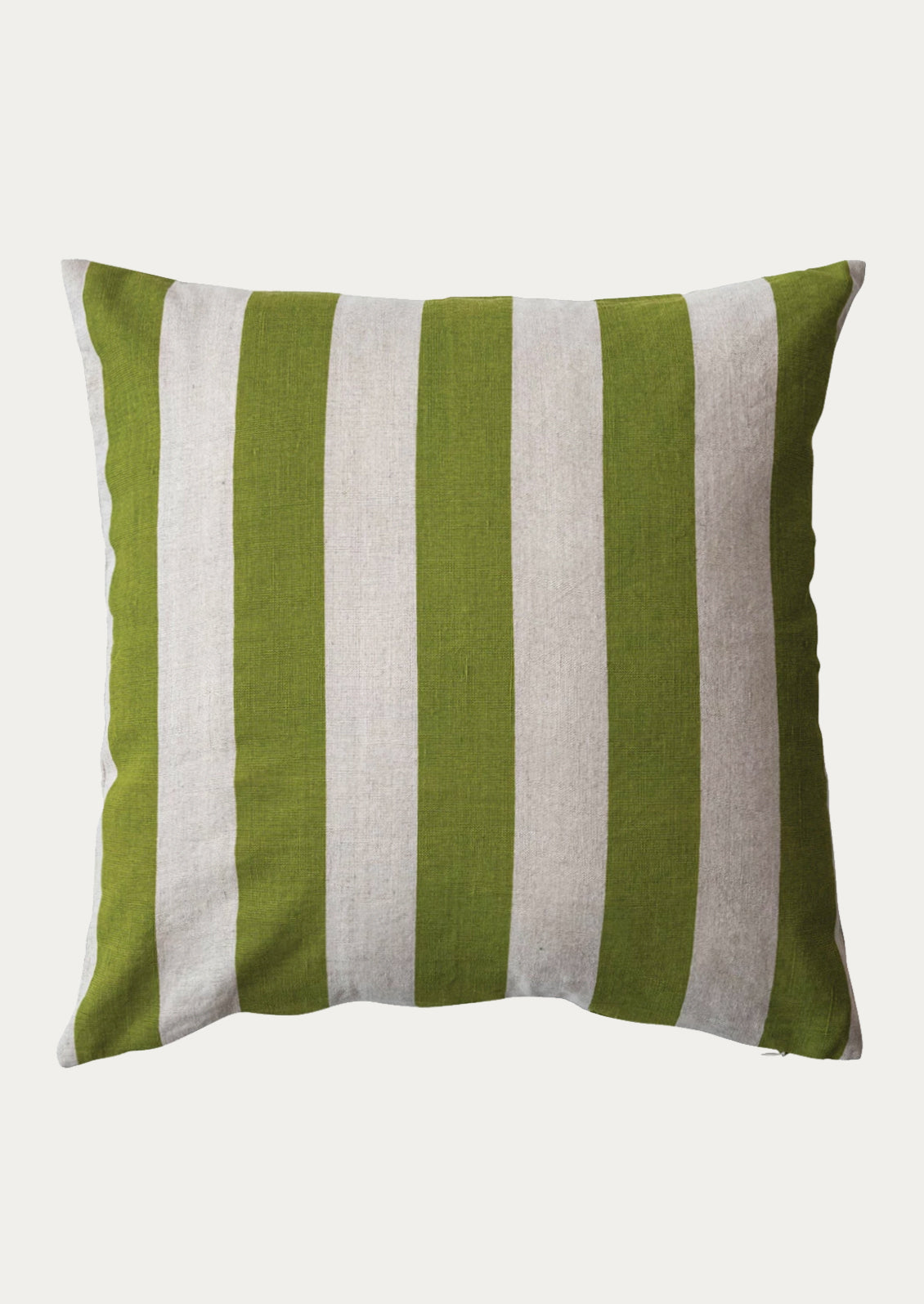 A throw pillow with lime green and natural stripes.