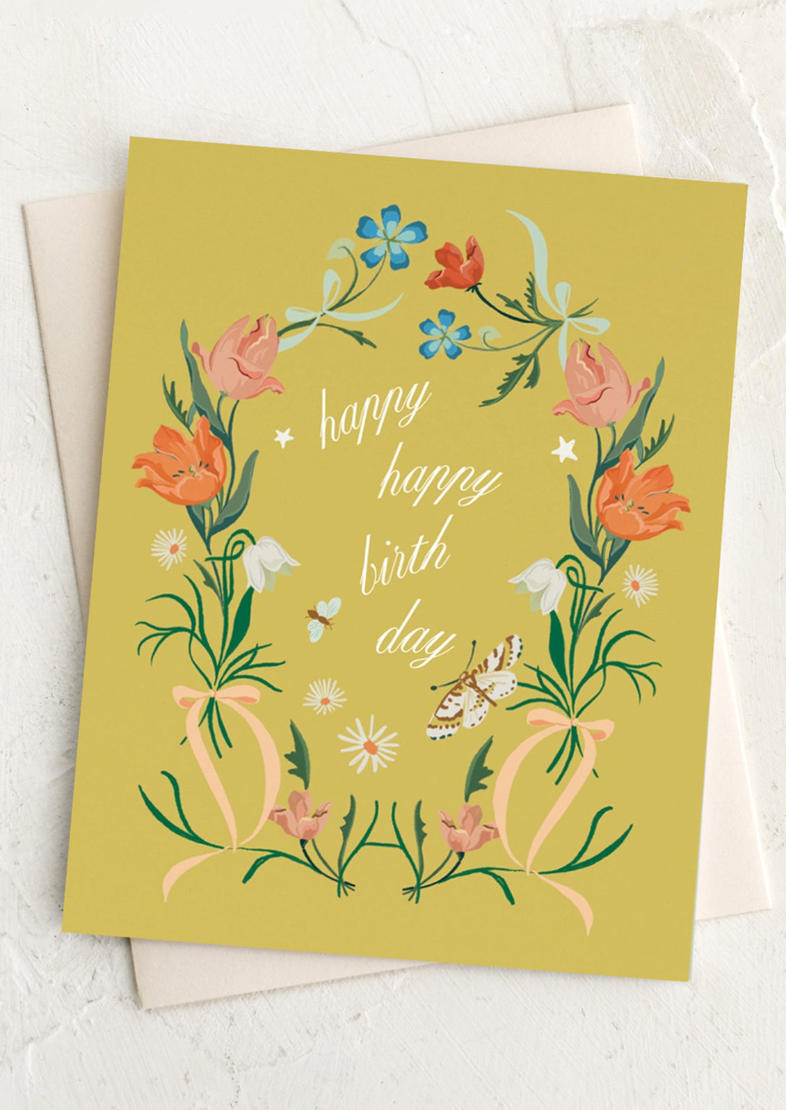 Greeting card with floral design and 'happy happy birthday' text on a yellow background