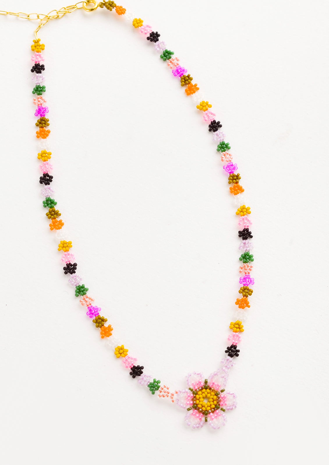 Beaded necklace with "chain" comprised of colorful beaded flowers, beaded flower pendant at front
