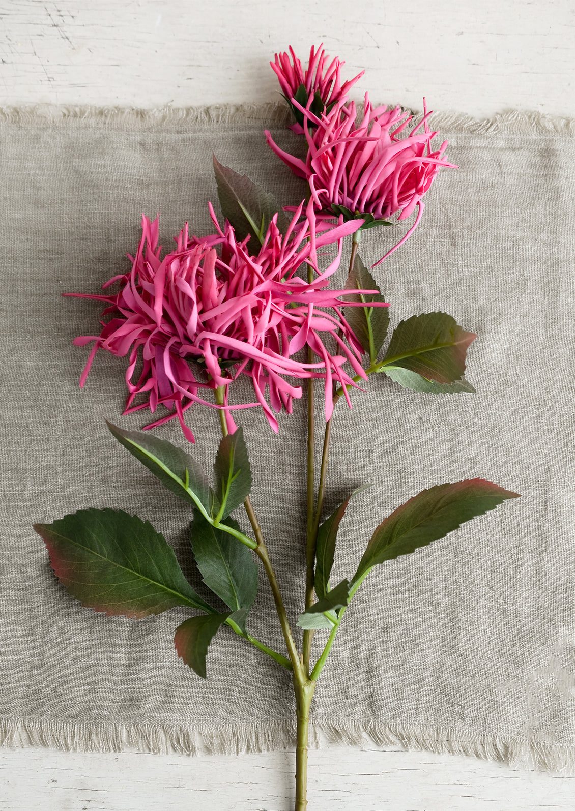 A faux chrysanthemum stem with pink flowers.