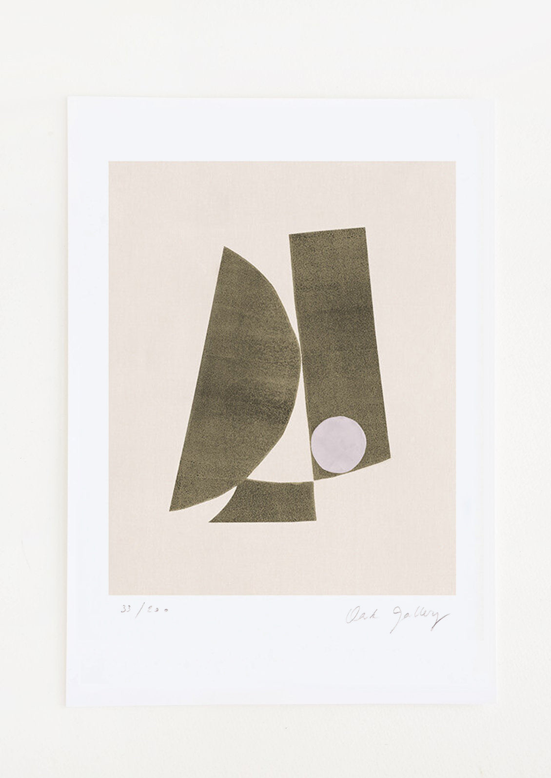 An abstract art print featuring a minimal composition of geometric shapes in black and lavender on a cream background.