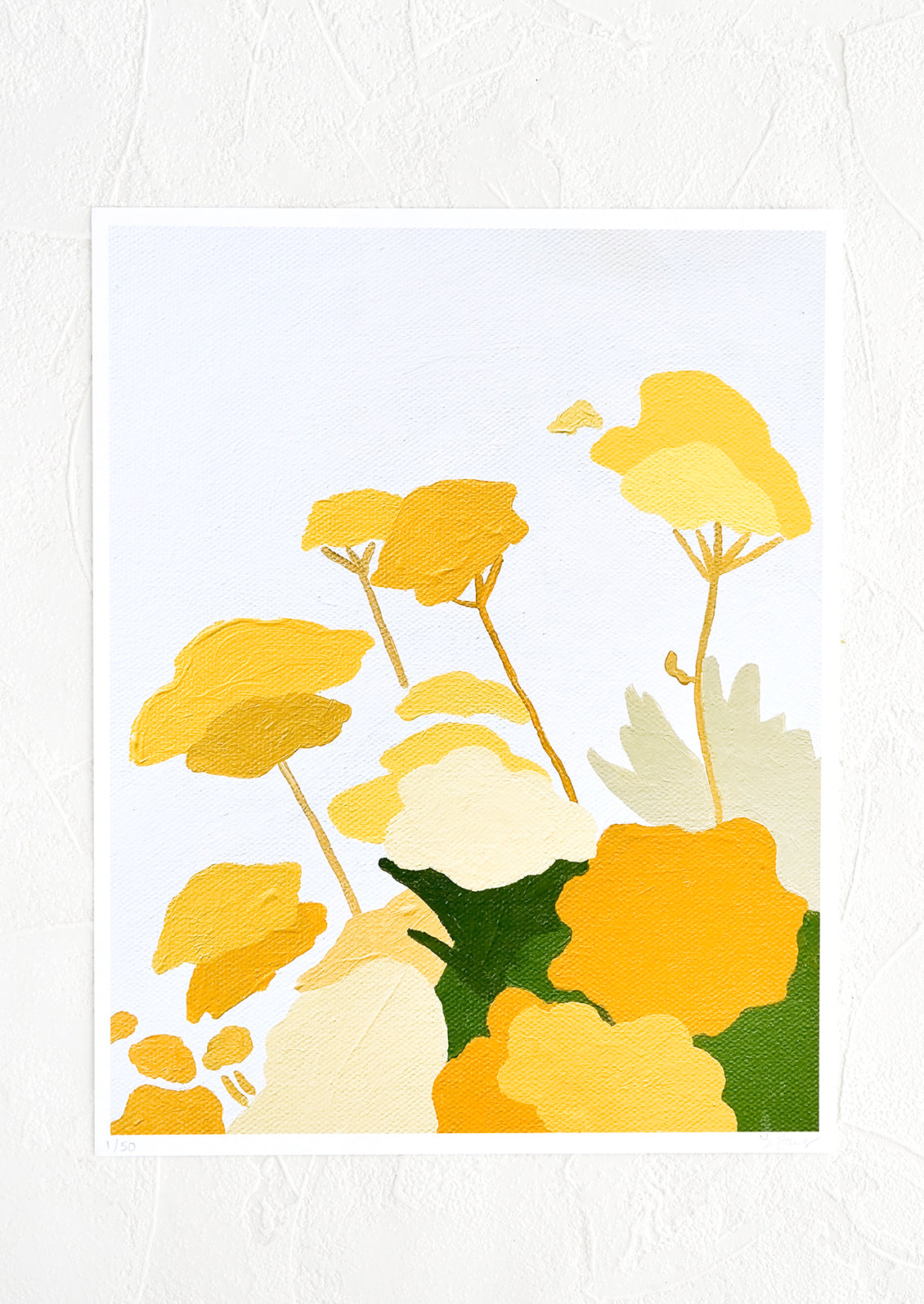 An art print of an original painting of yellow florals on a pale grey background.