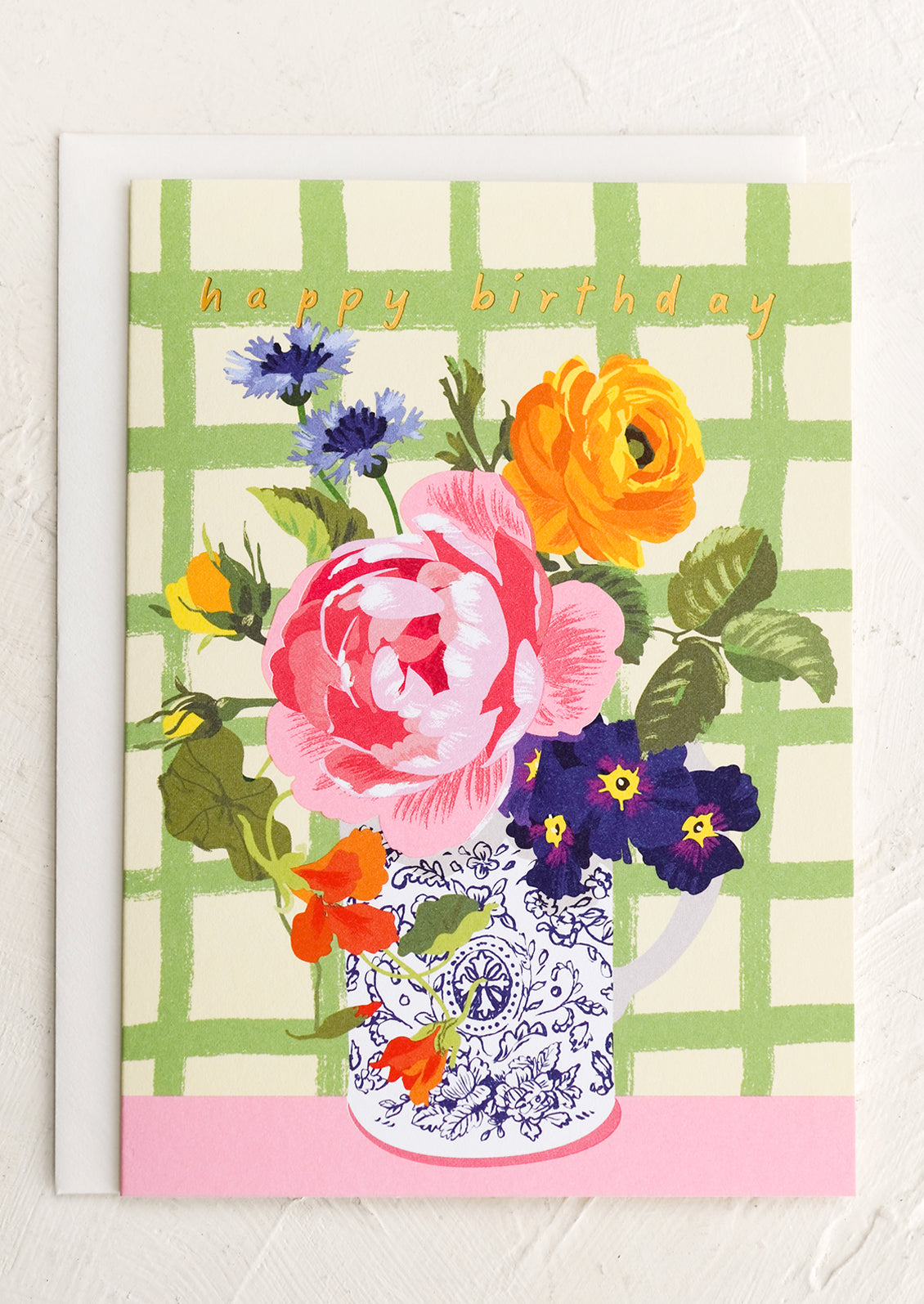 A card with illustration of flowers in a vessel, text reads "Happy birthday".