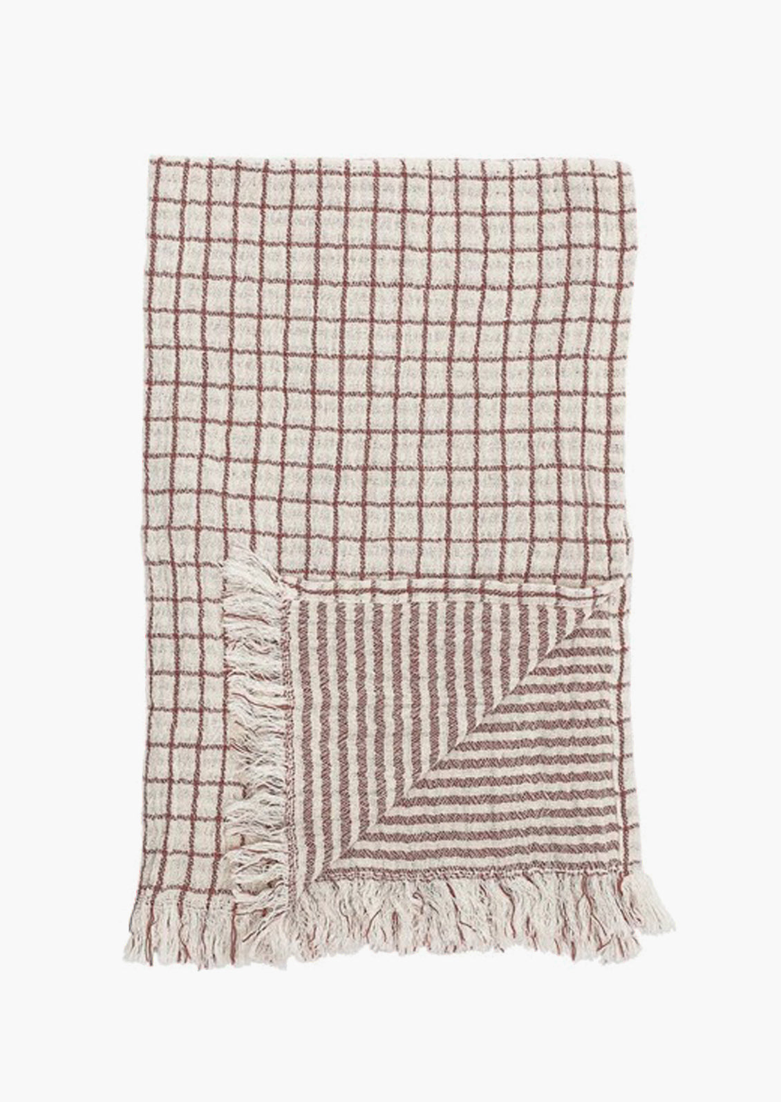 A gingham tea towel in red check with striped reverse side.