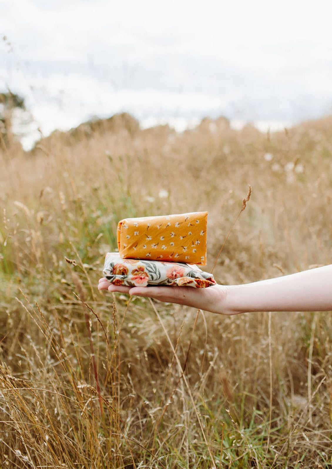 Arm extended across meadow holding two beeswax wrapped objects.